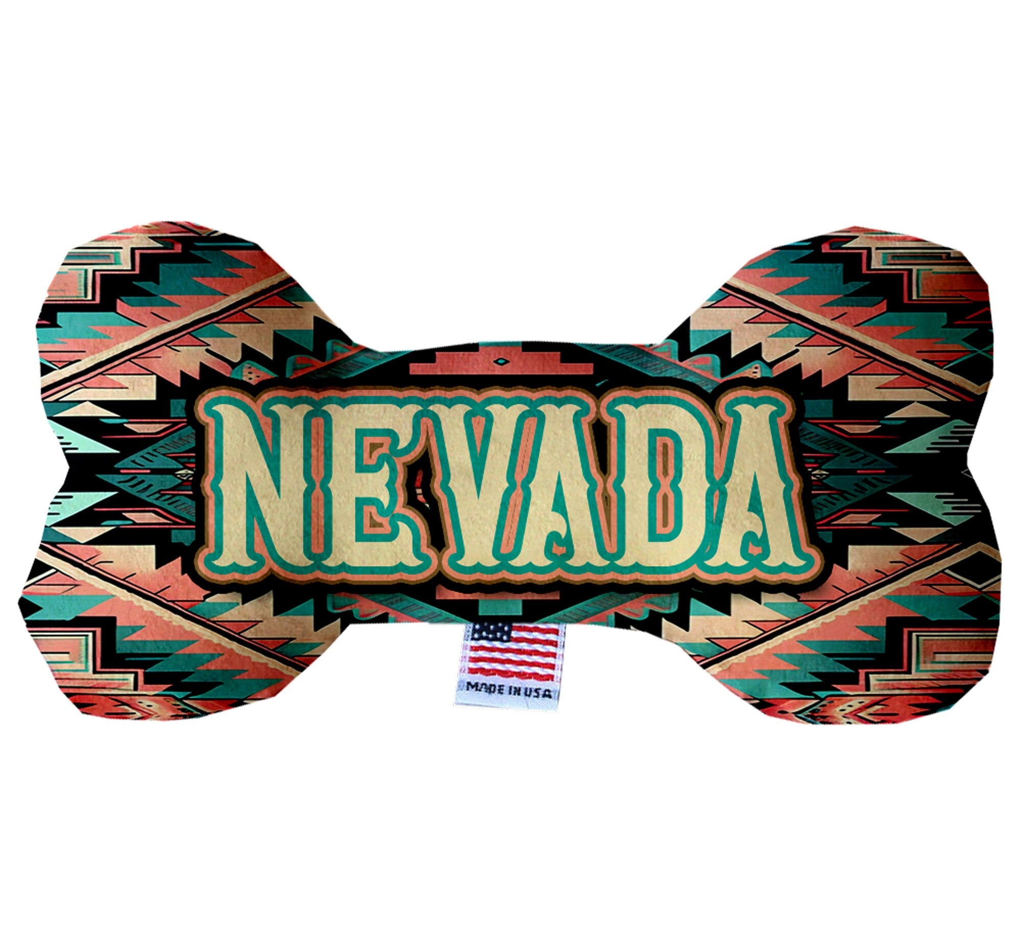 Handmade plush bone toy for dogs, featuring a 'Nevada Desert' design, soft and cuddly with squeakers, available in multiple sizes.