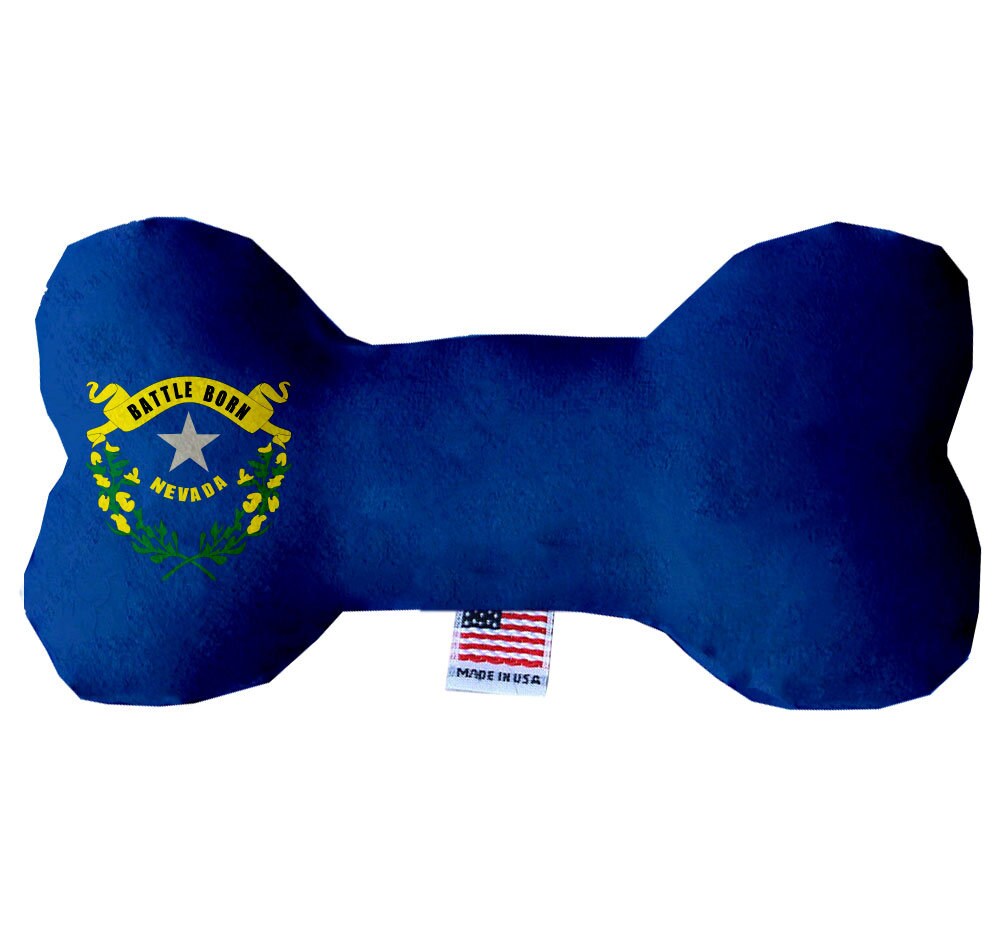 Handmade plush bone toy for dogs, featuring a 'Nevada Desert' design, soft and cuddly with squeakers, available in multiple sizes.