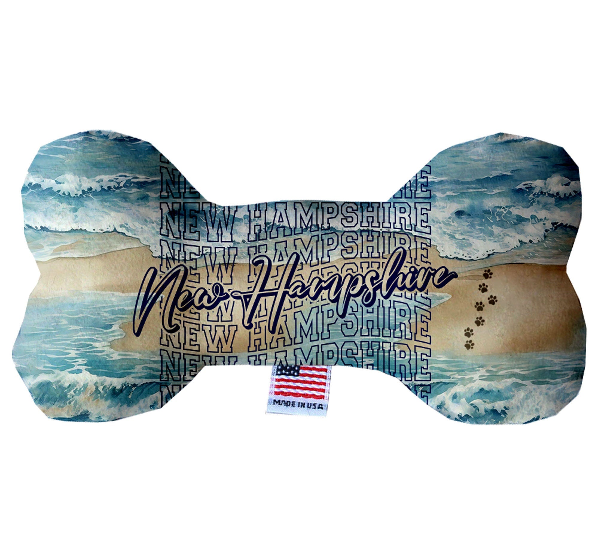 A collection of handmade plush bone toys in various patterns, showcasing New Hampshire state options, designed for dogs.
