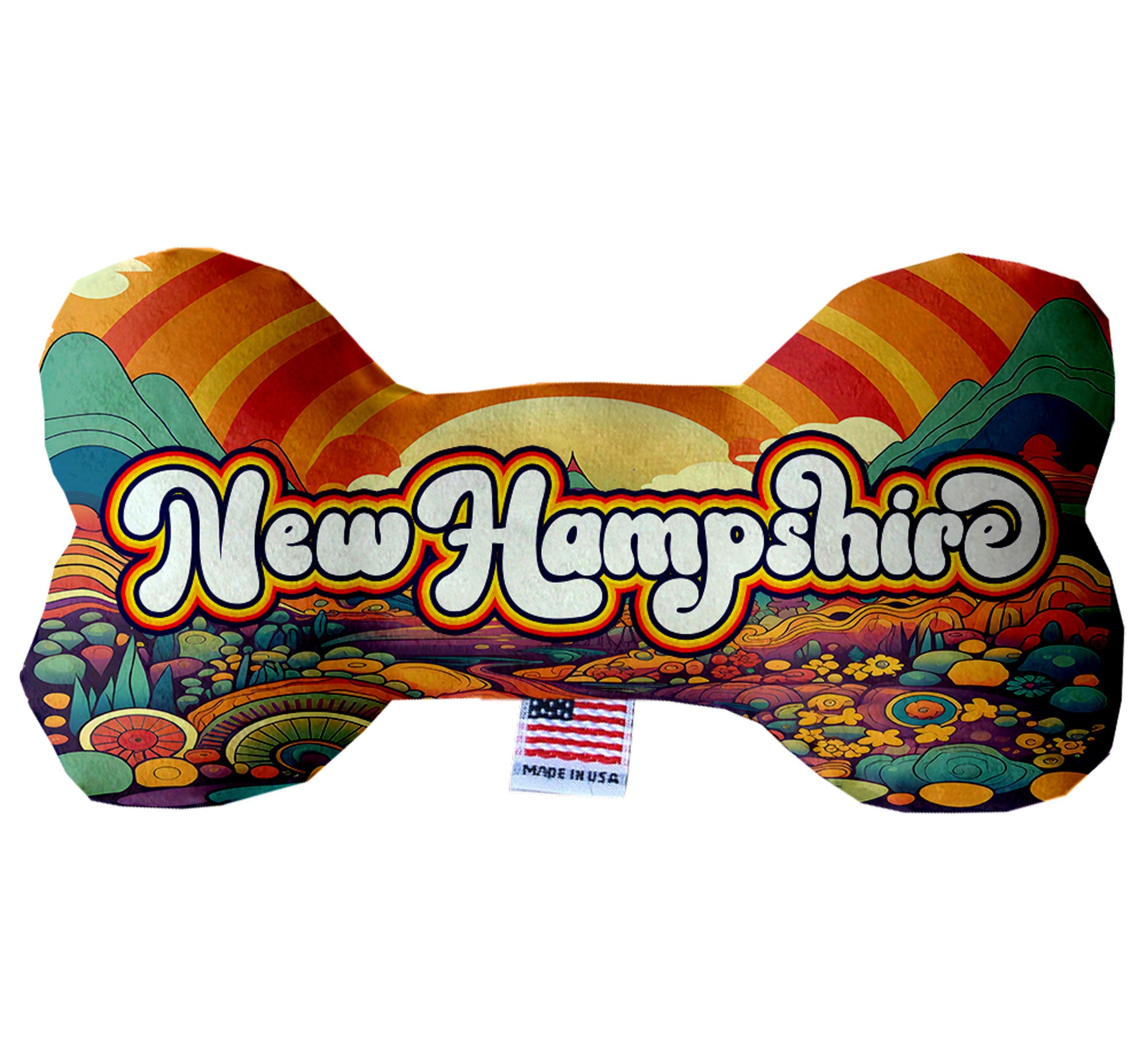 A collection of handmade plush bone toys in various patterns, showcasing New Hampshire state options, designed for dogs.