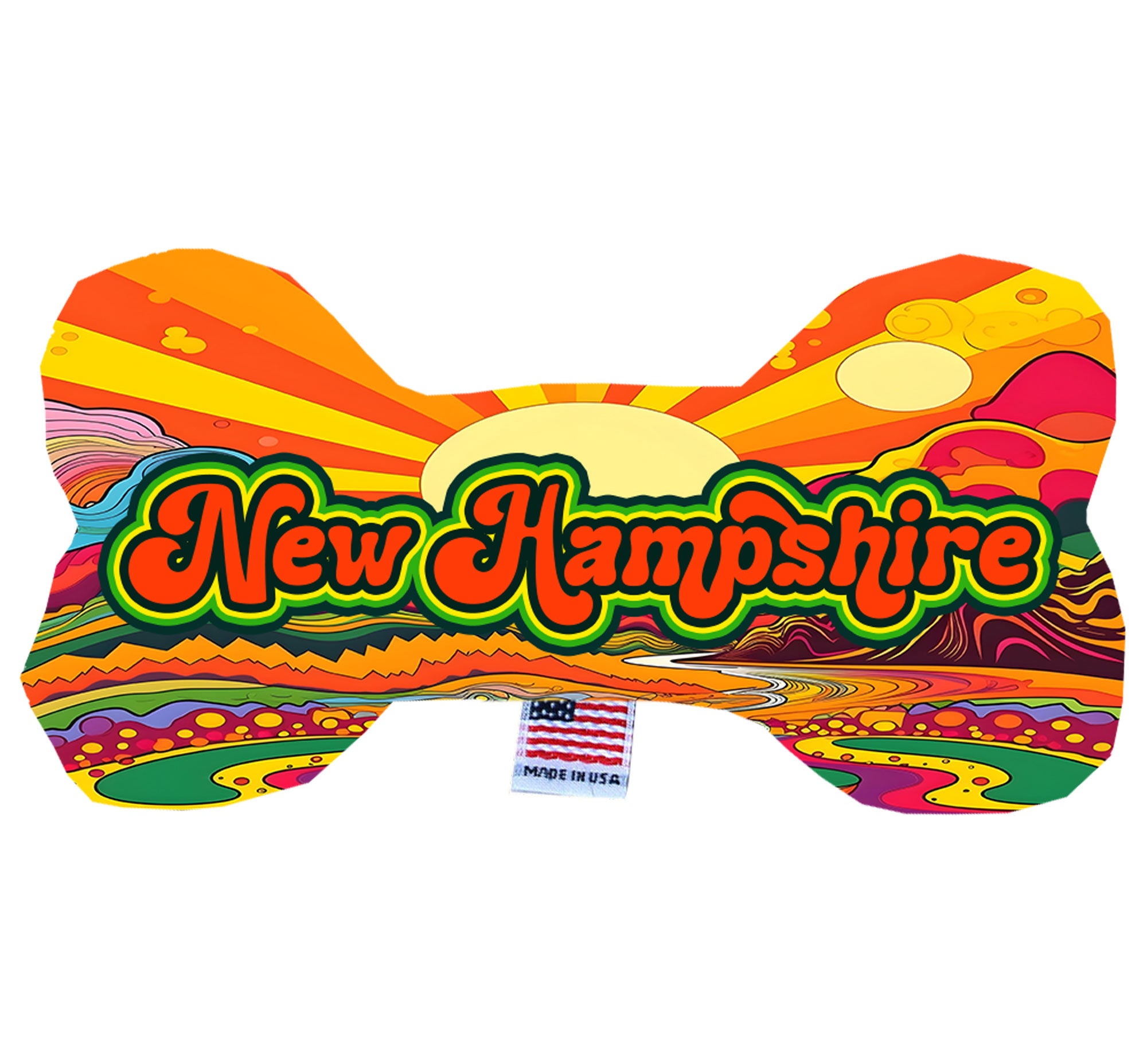 A collection of handmade plush bone toys in various patterns, showcasing New Hampshire state options, designed for dogs.