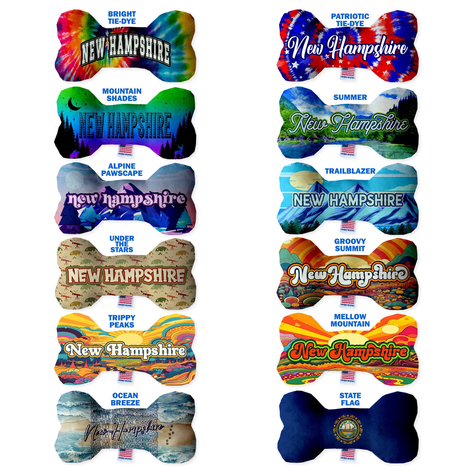 A collection of handmade plush bone toys in various patterns, showcasing New Hampshire state options, designed for dogs.