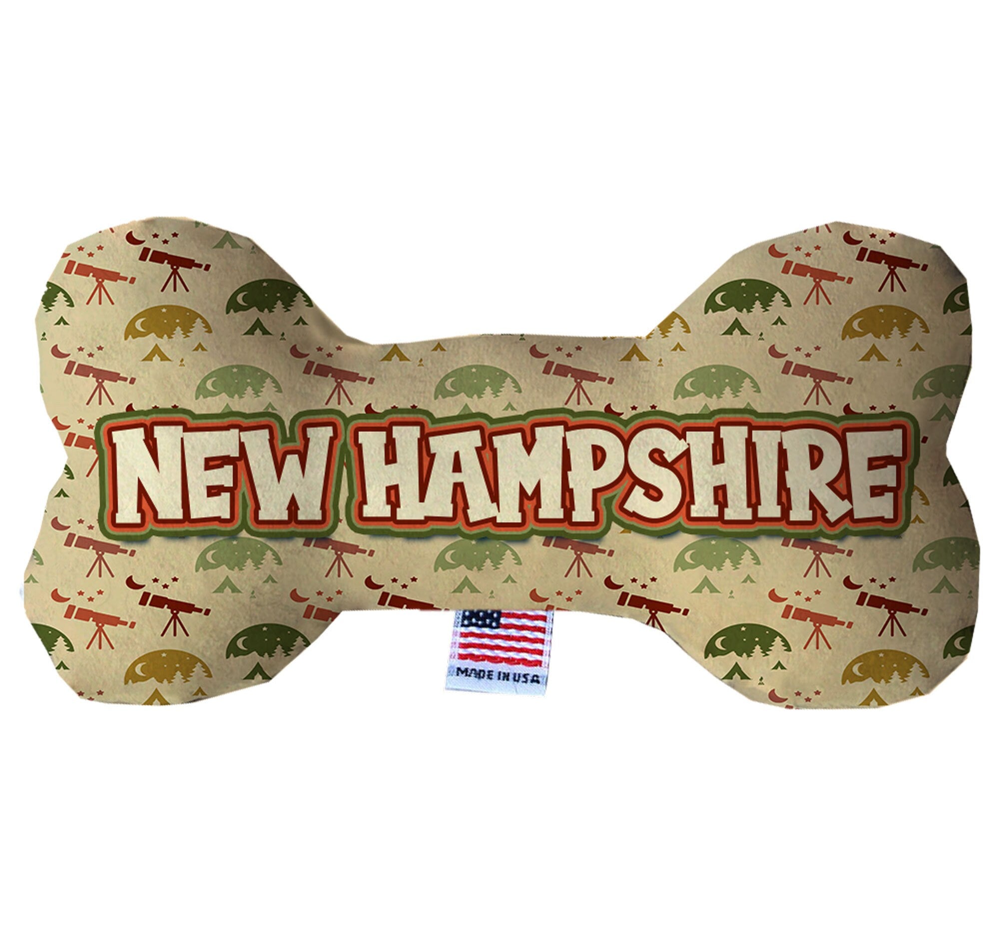 A collection of handmade plush bone toys in various patterns, showcasing New Hampshire state options, designed for dogs.