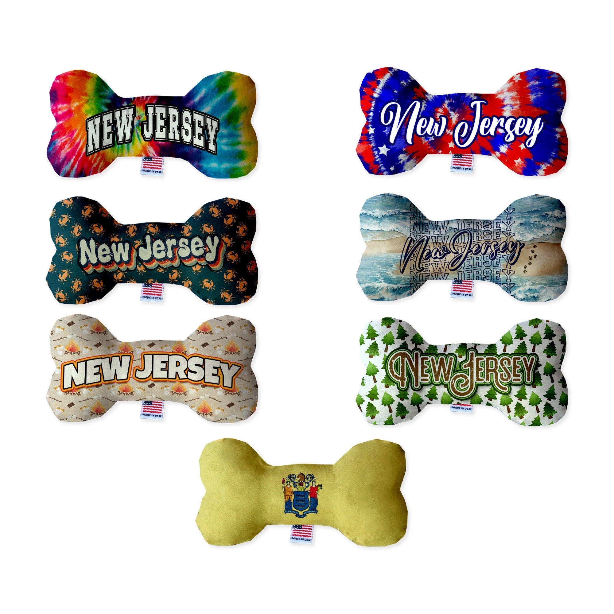 Handmade plush bone toys for dogs featuring New Jersey state designs, available in various sizes and patterns.