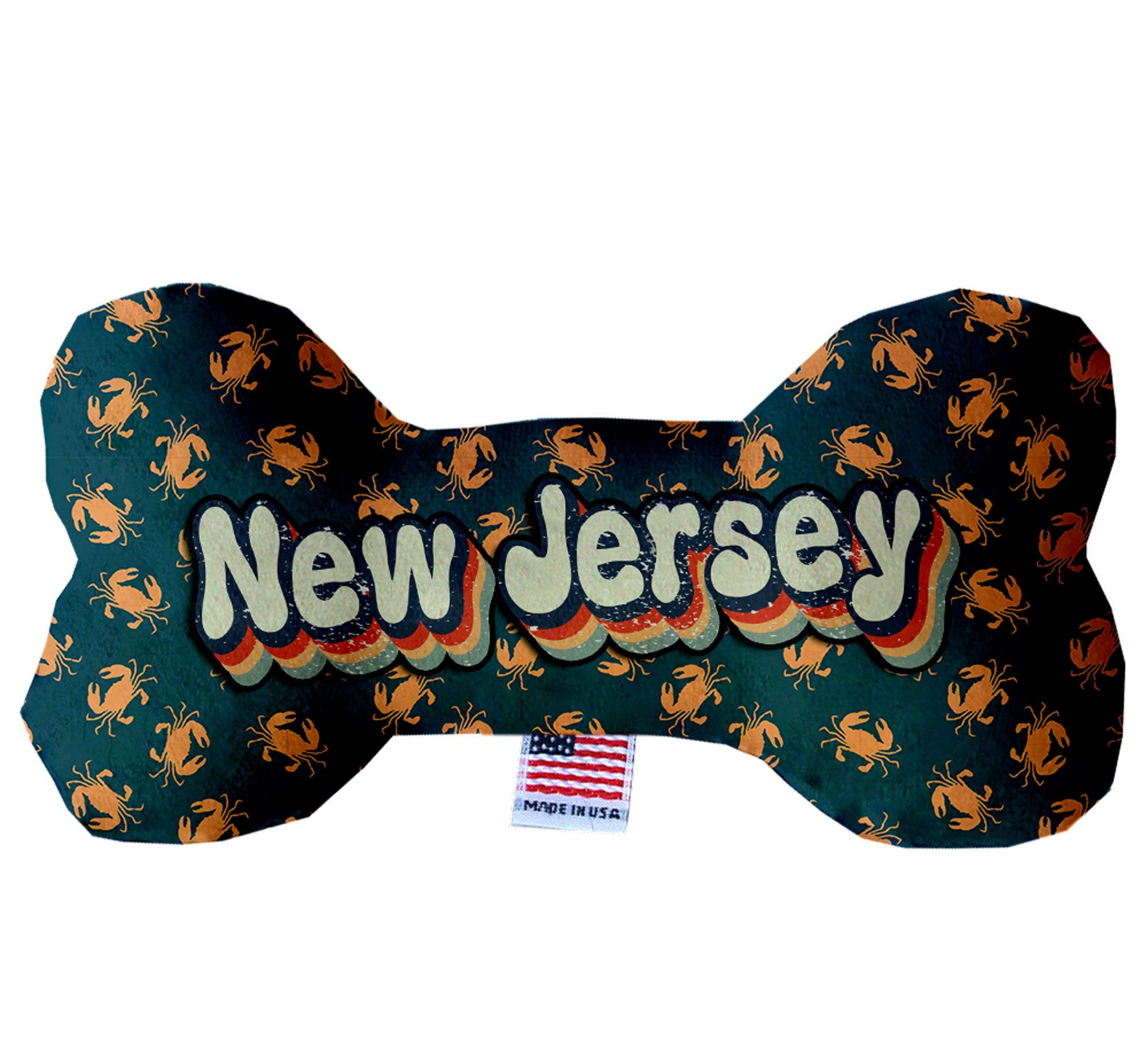 Handmade plush bone toys for dogs featuring New Jersey state designs, available in various sizes and patterns.
