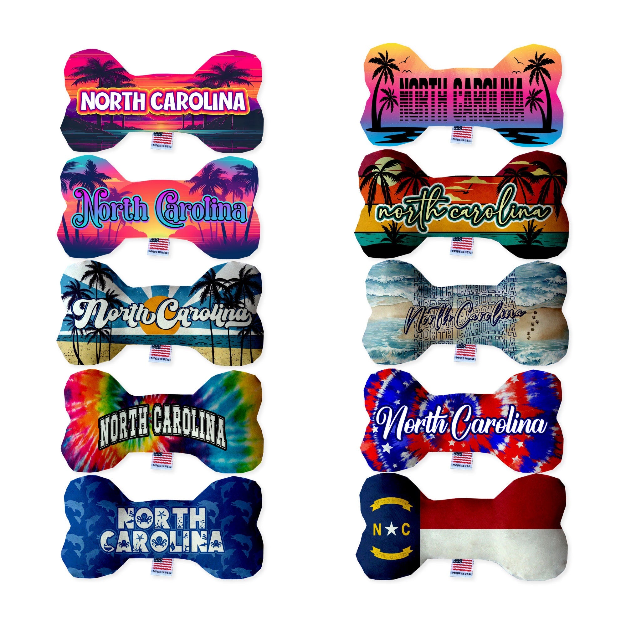North Carolina Coast Plush Bone Toys for dogs, featuring vibrant patterns and soft plush material, perfect for playtime and cuddling.