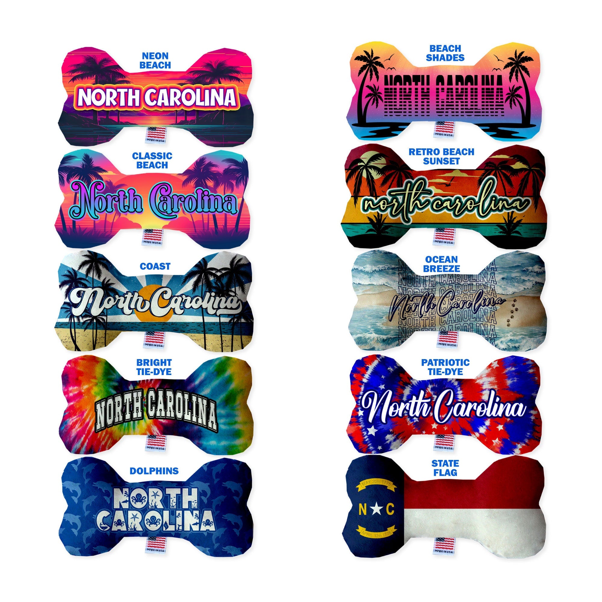North Carolina Coast Plush Bone Toys for dogs, featuring vibrant patterns and soft plush material, perfect for playtime and cuddling.
