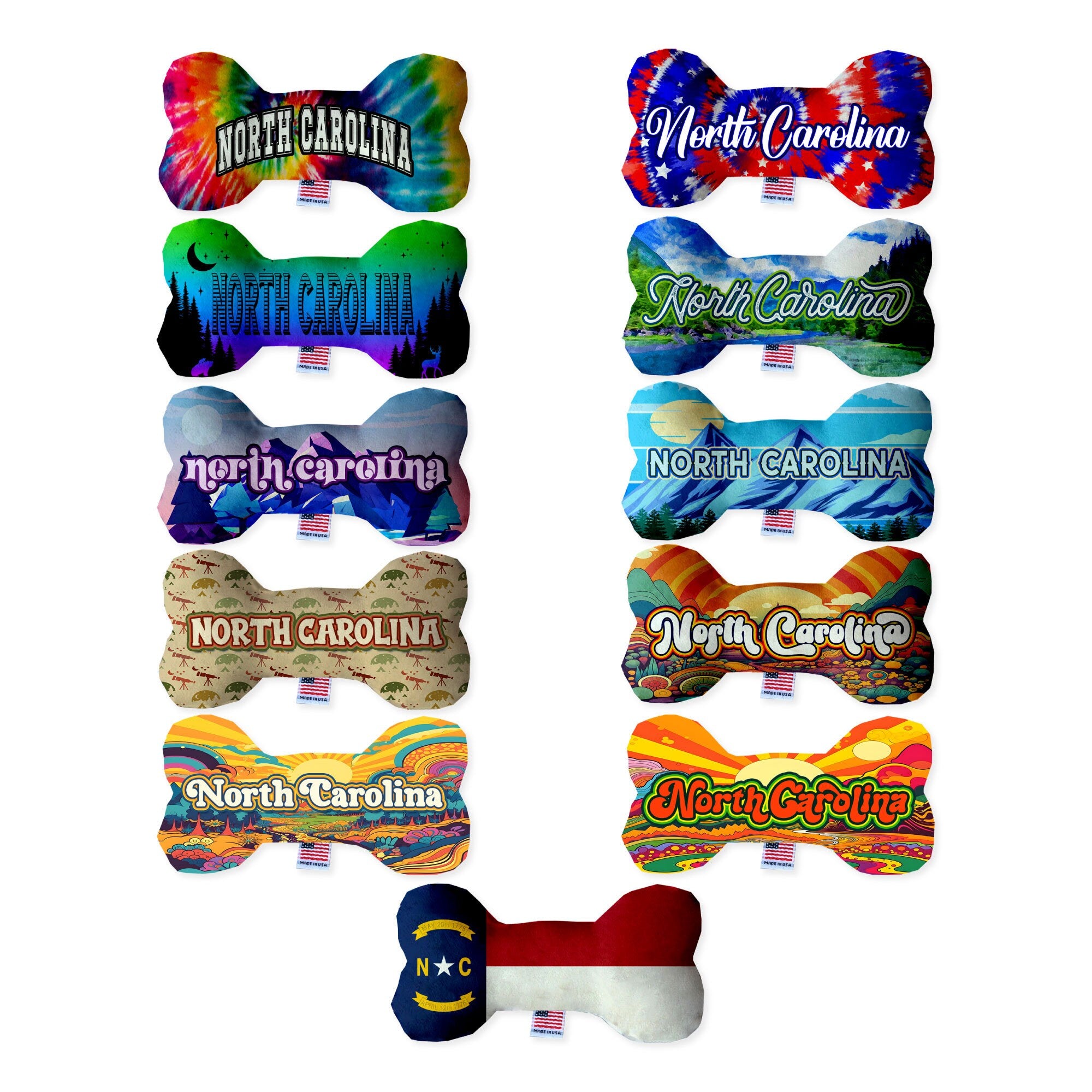 Handmade plush bone toys for dogs featuring North Carolina Mountains design, available in various sizes and patterns.