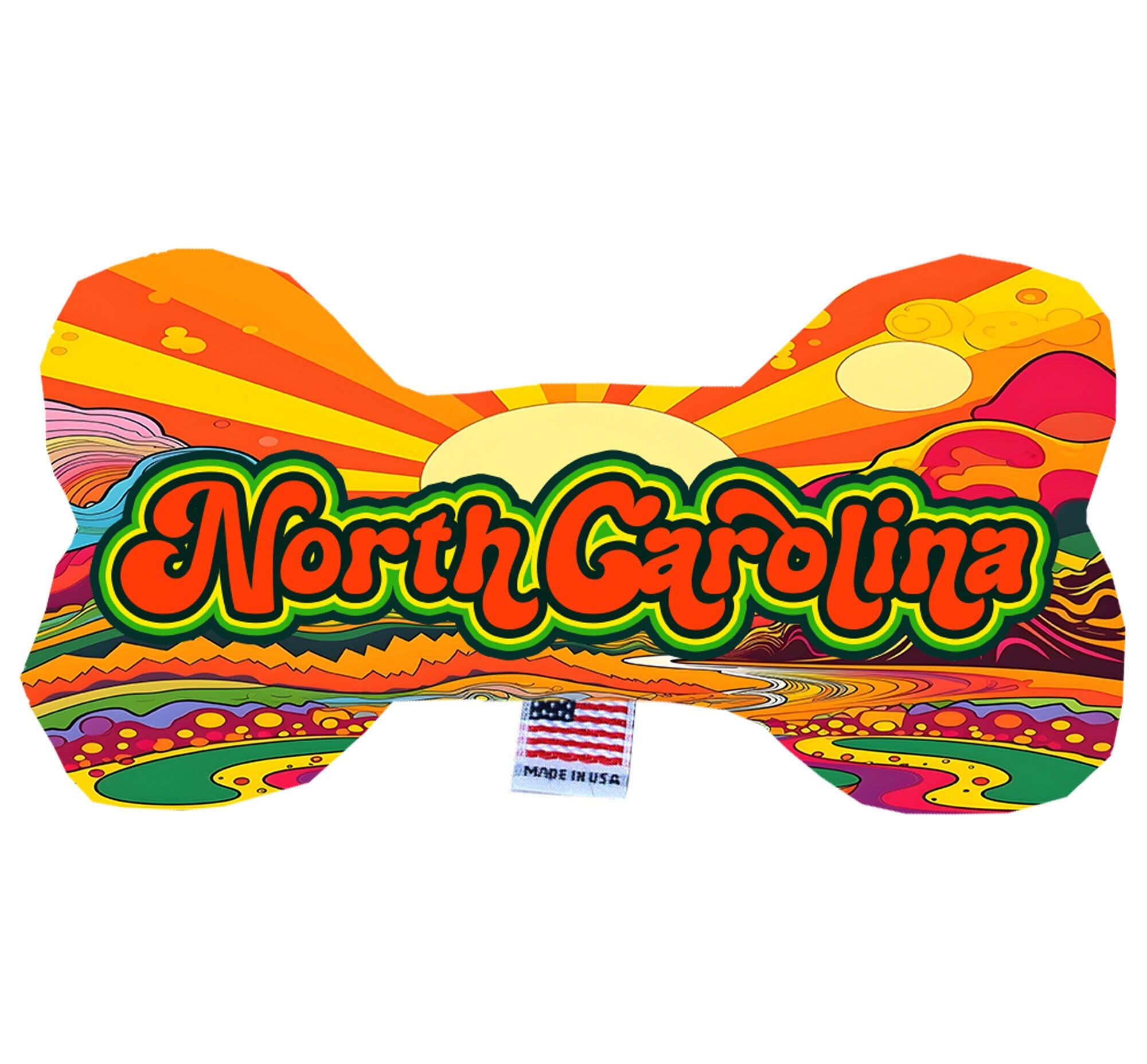 Handmade plush bone toys for dogs featuring North Carolina Mountains design, available in various sizes and patterns.