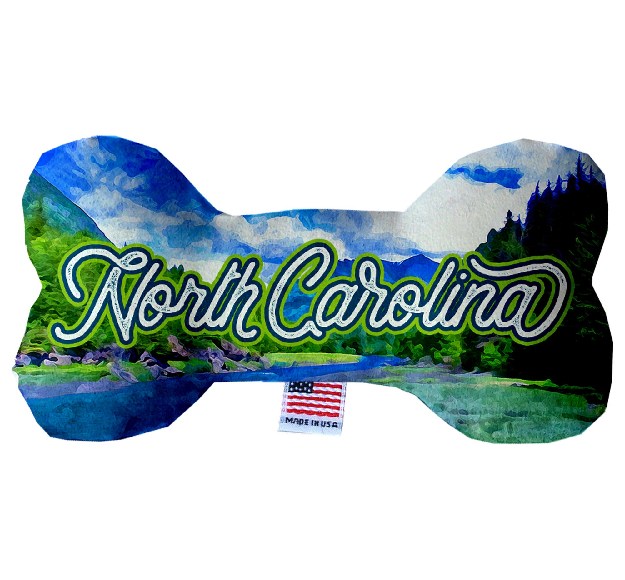 Handmade plush bone toys for dogs featuring North Carolina Mountains design, available in various sizes and patterns.
