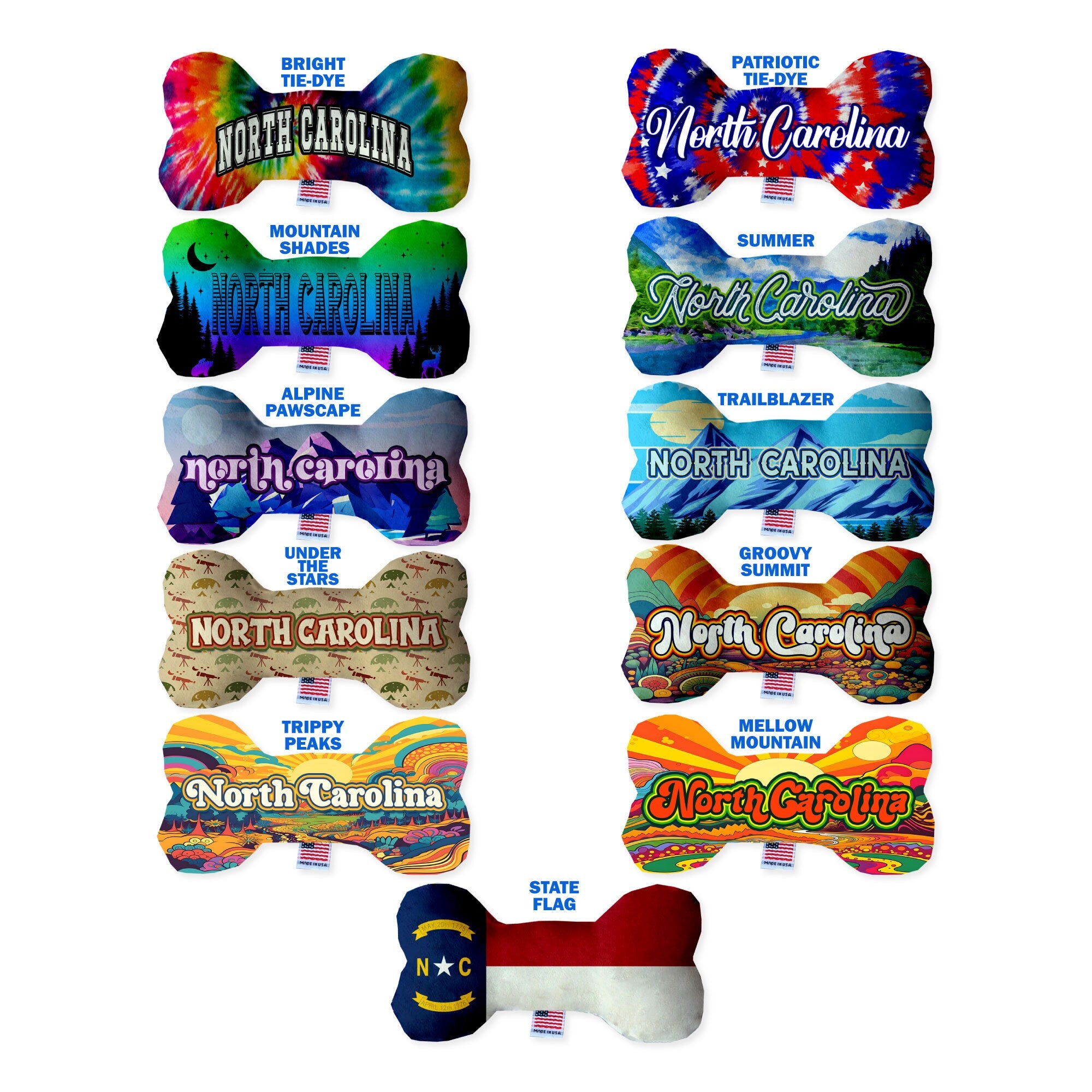 Handmade plush bone toys for dogs featuring North Carolina Mountains design, available in various sizes and patterns.