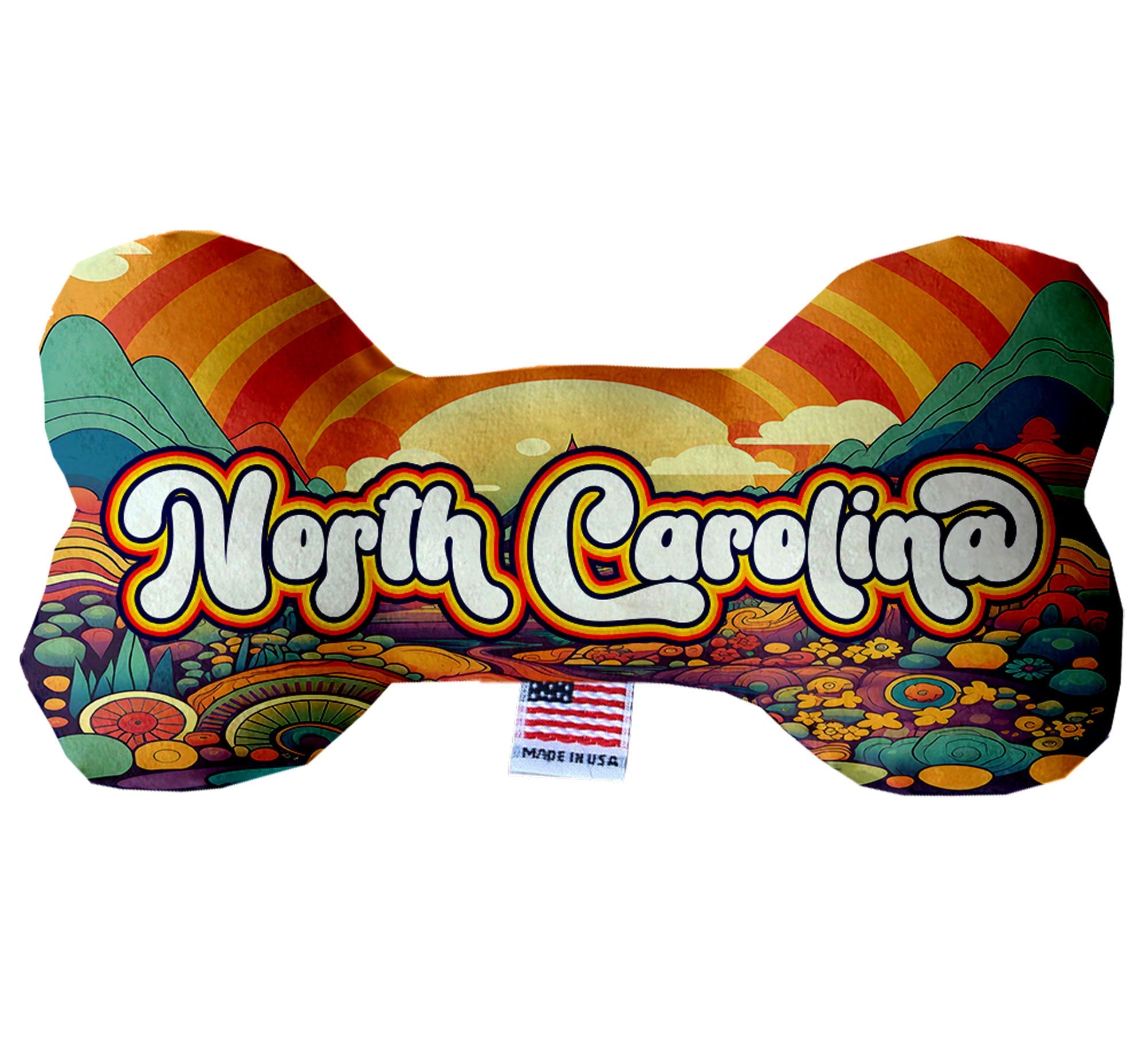 Handmade plush bone toys for dogs featuring North Carolina Mountains design, available in various sizes and patterns.