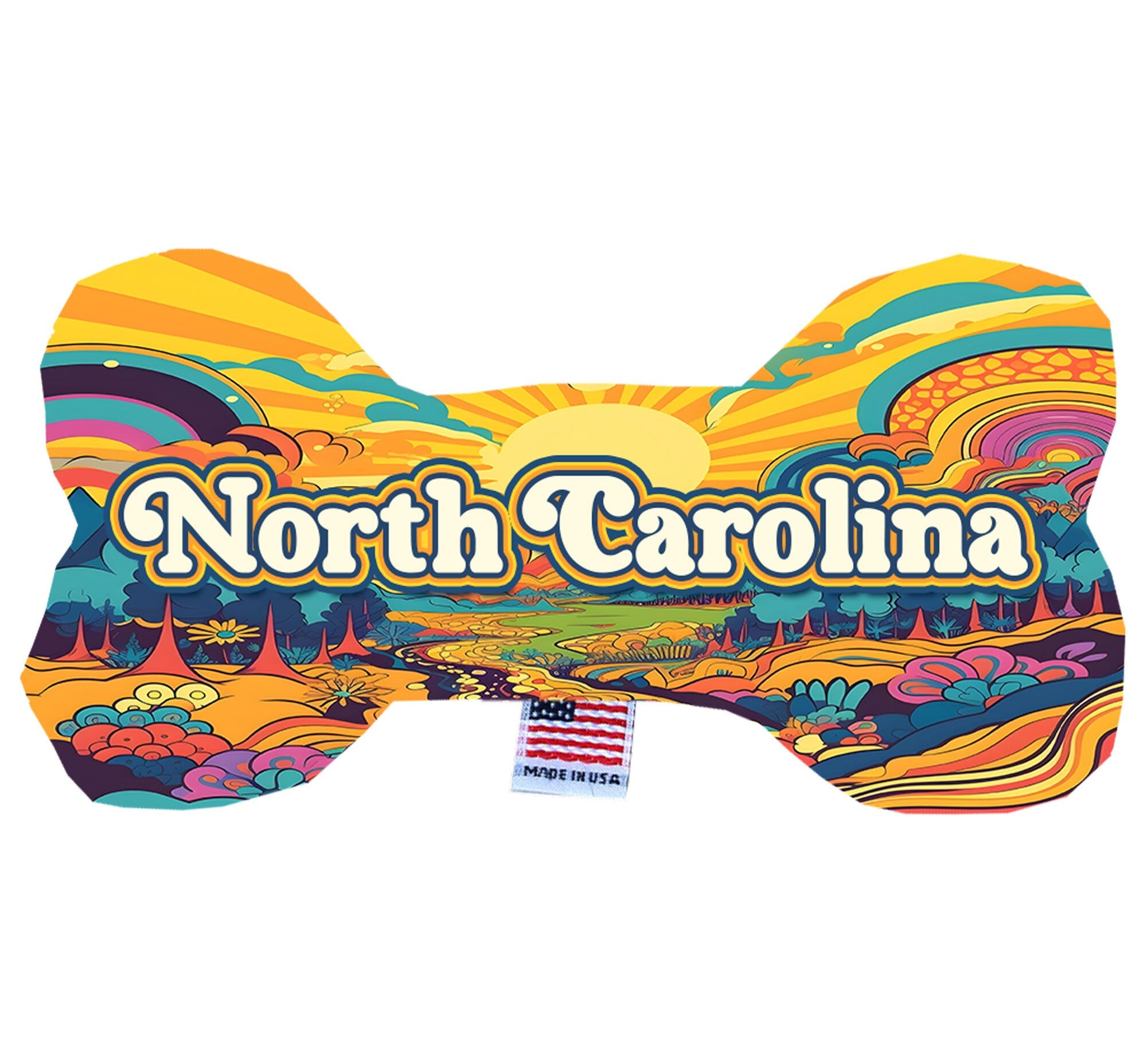 Handmade plush bone toys for dogs featuring North Carolina Mountains design, available in various sizes and patterns.