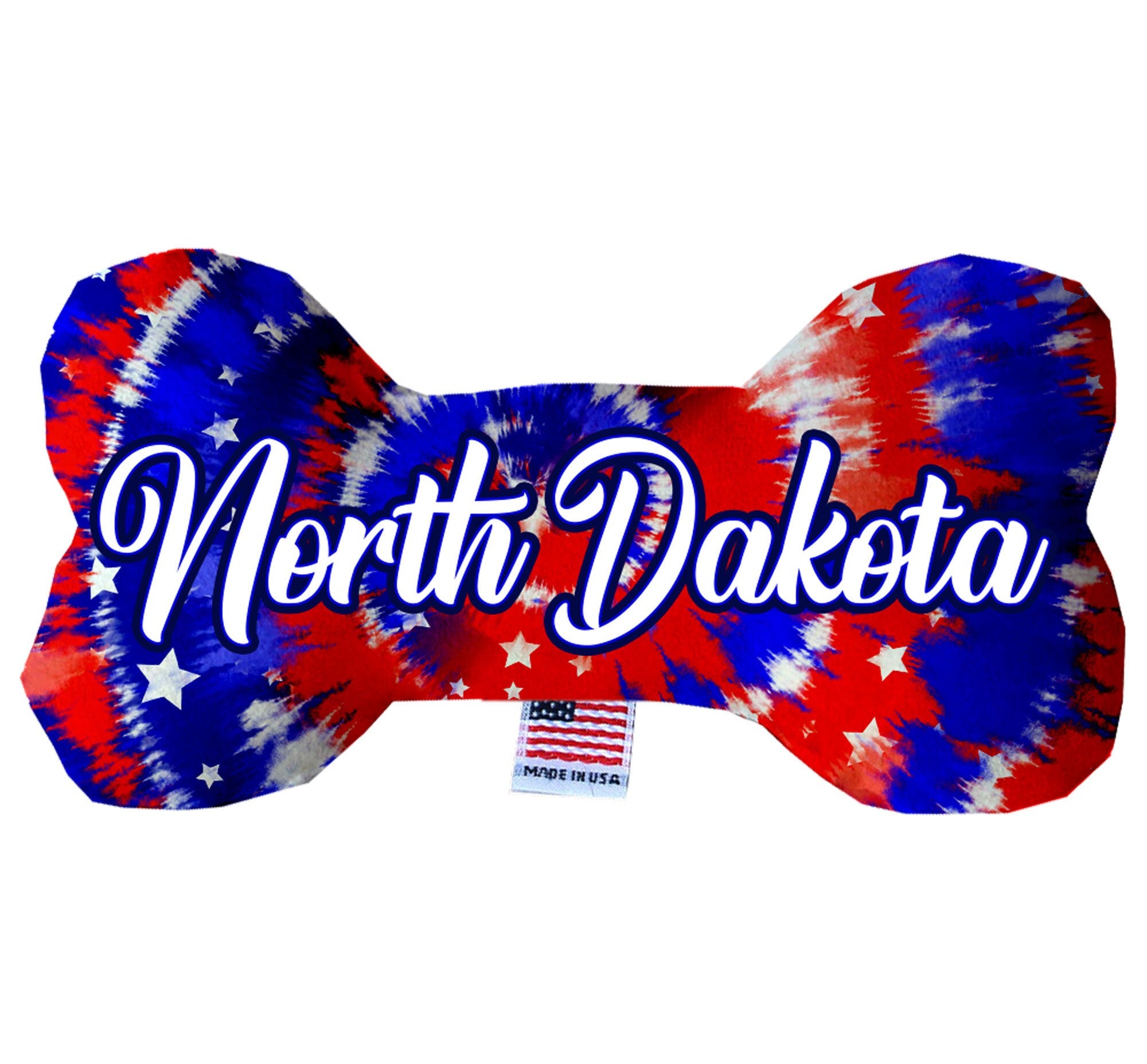 Handmade North Dakota State plush bone toys in various patterns and sizes, perfect for dogs.