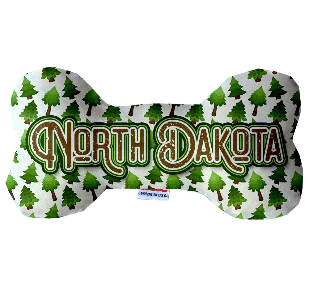Handmade North Dakota State plush bone toys in various patterns and sizes, perfect for dogs.