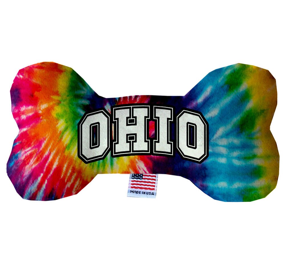 Ohio State themed plush bone toy for dogs, handmade in the USA, featuring soft fabric and available in various sizes.
