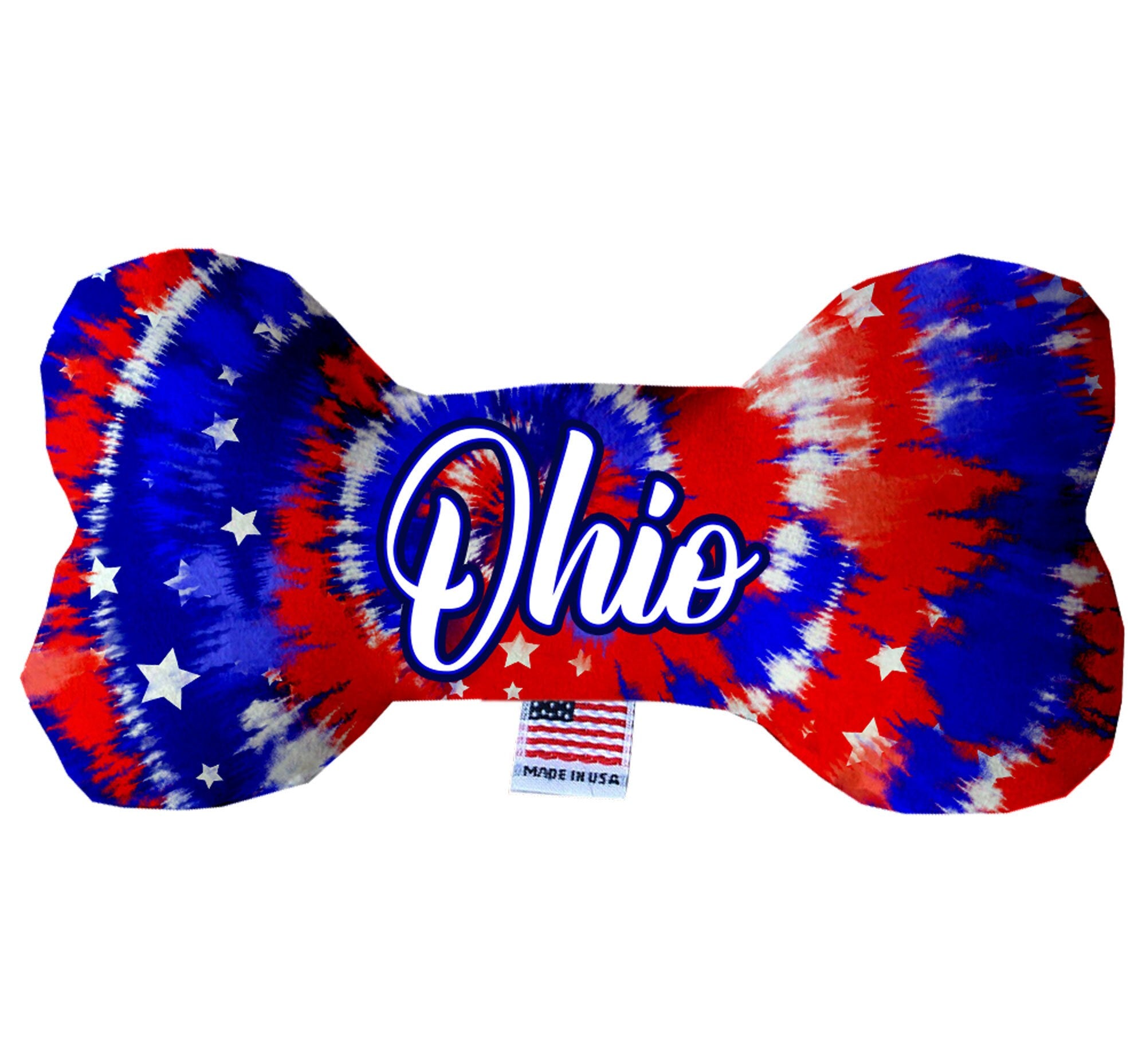 Ohio State themed plush bone toy for dogs, handmade in the USA, featuring soft fabric and available in various sizes.