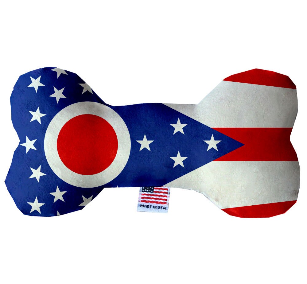Ohio State themed plush bone toy for dogs, handmade in the USA, featuring soft fabric and available in various sizes.