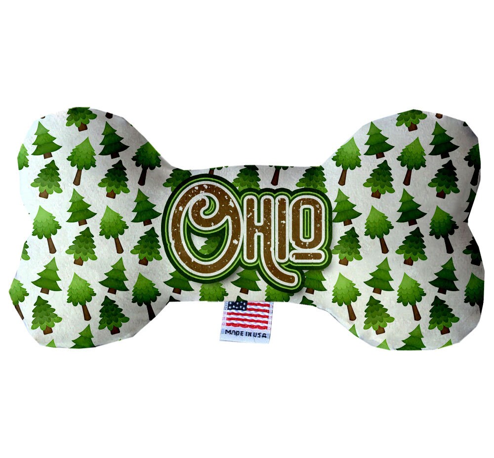 Ohio State themed plush bone toy for dogs, handmade in the USA, featuring soft fabric and available in various sizes.