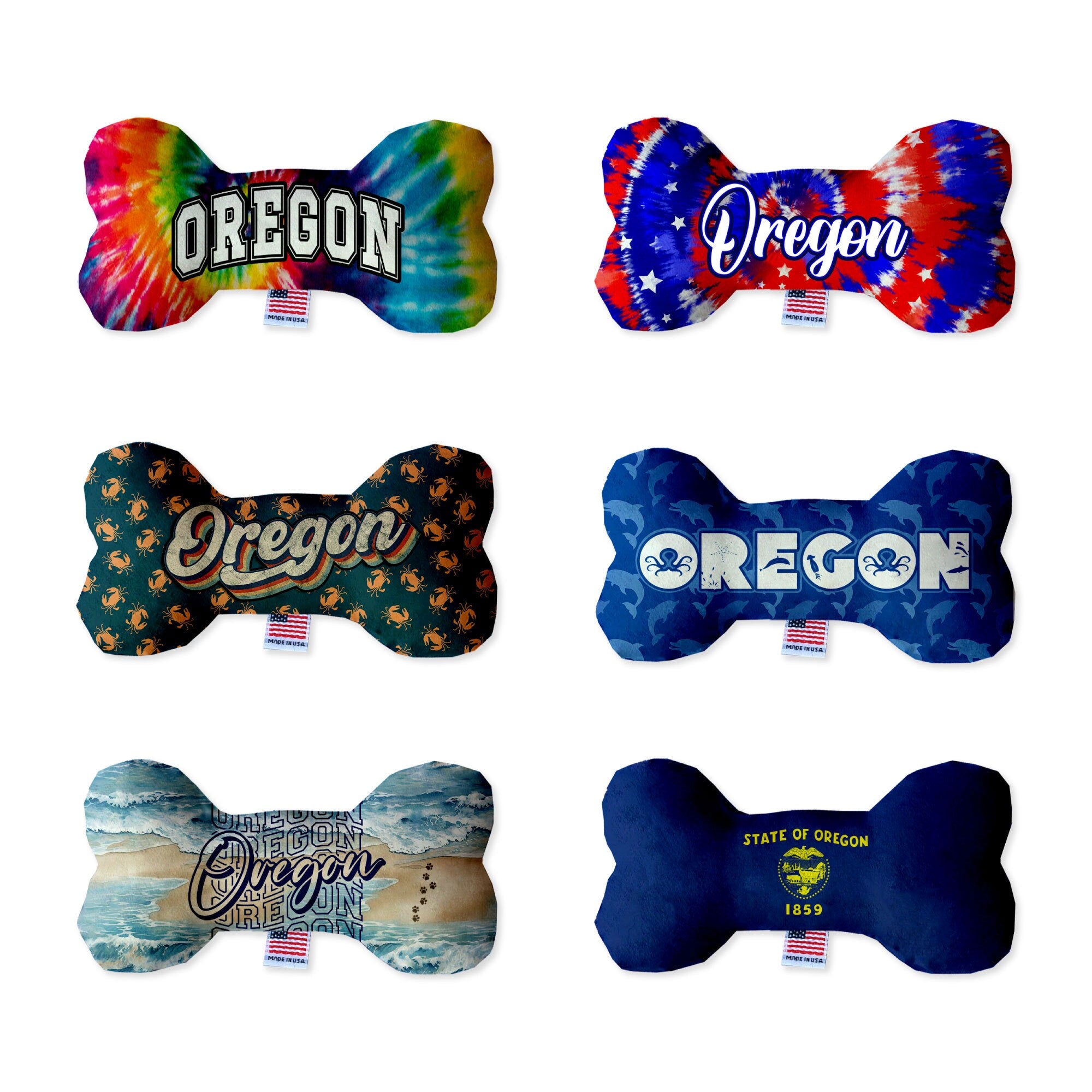 Oregon Coast Plush Bone Toys set, featuring soft, colorful designs perfect for dogs, showcasing various sizes and squeakers.