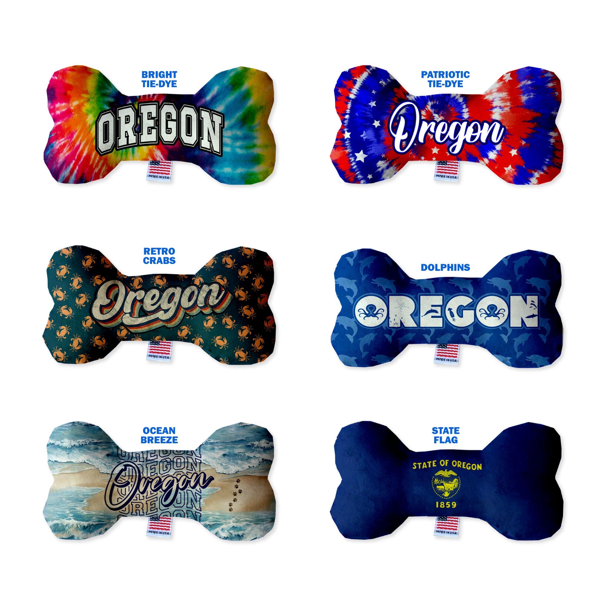 Oregon Coast Plush Bone Toys set, featuring soft, colorful designs perfect for dogs, showcasing various sizes and squeakers.