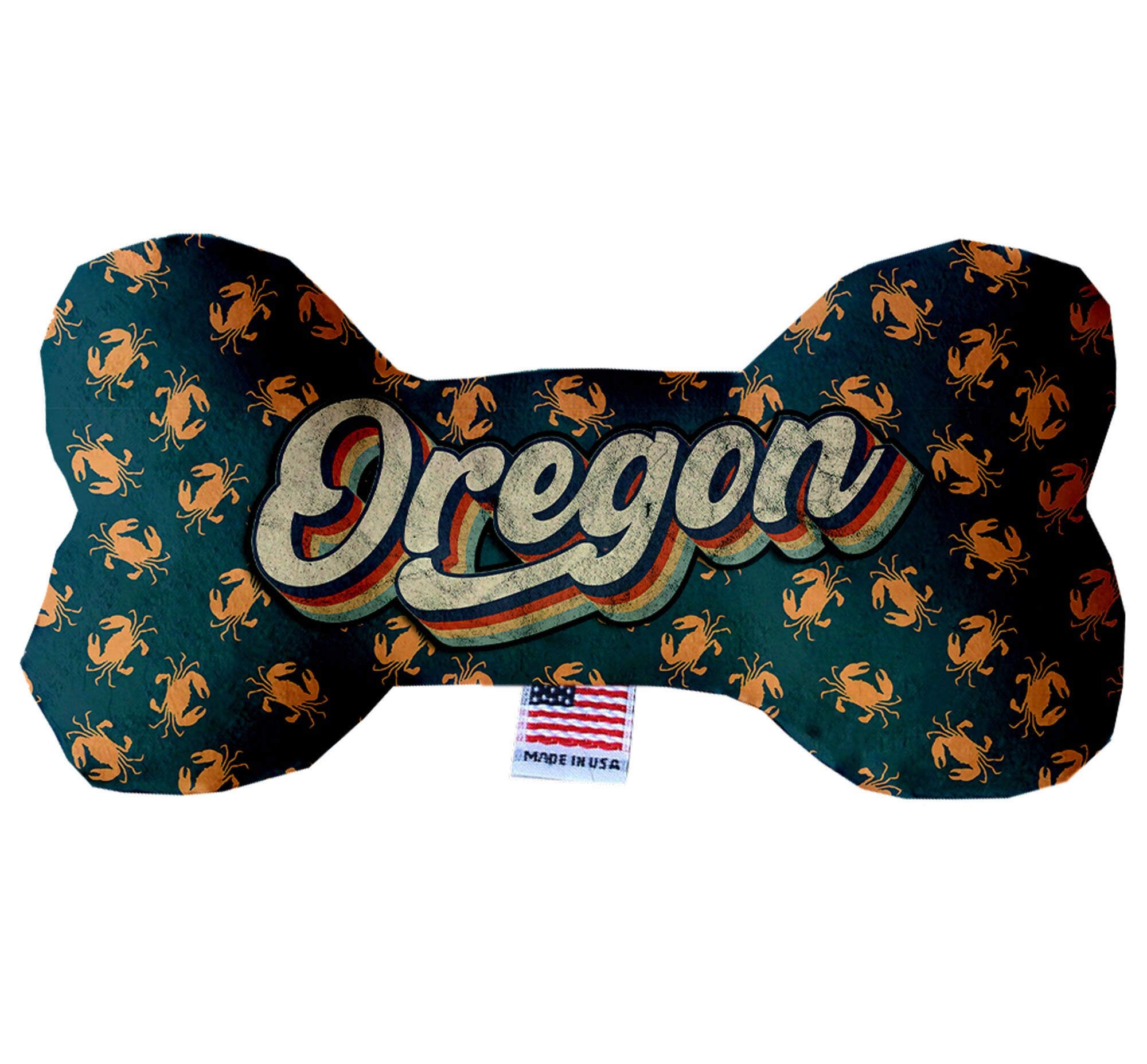 Oregon Coast Plush Bone Toys set, featuring soft, colorful designs perfect for dogs, showcasing various sizes and squeakers.