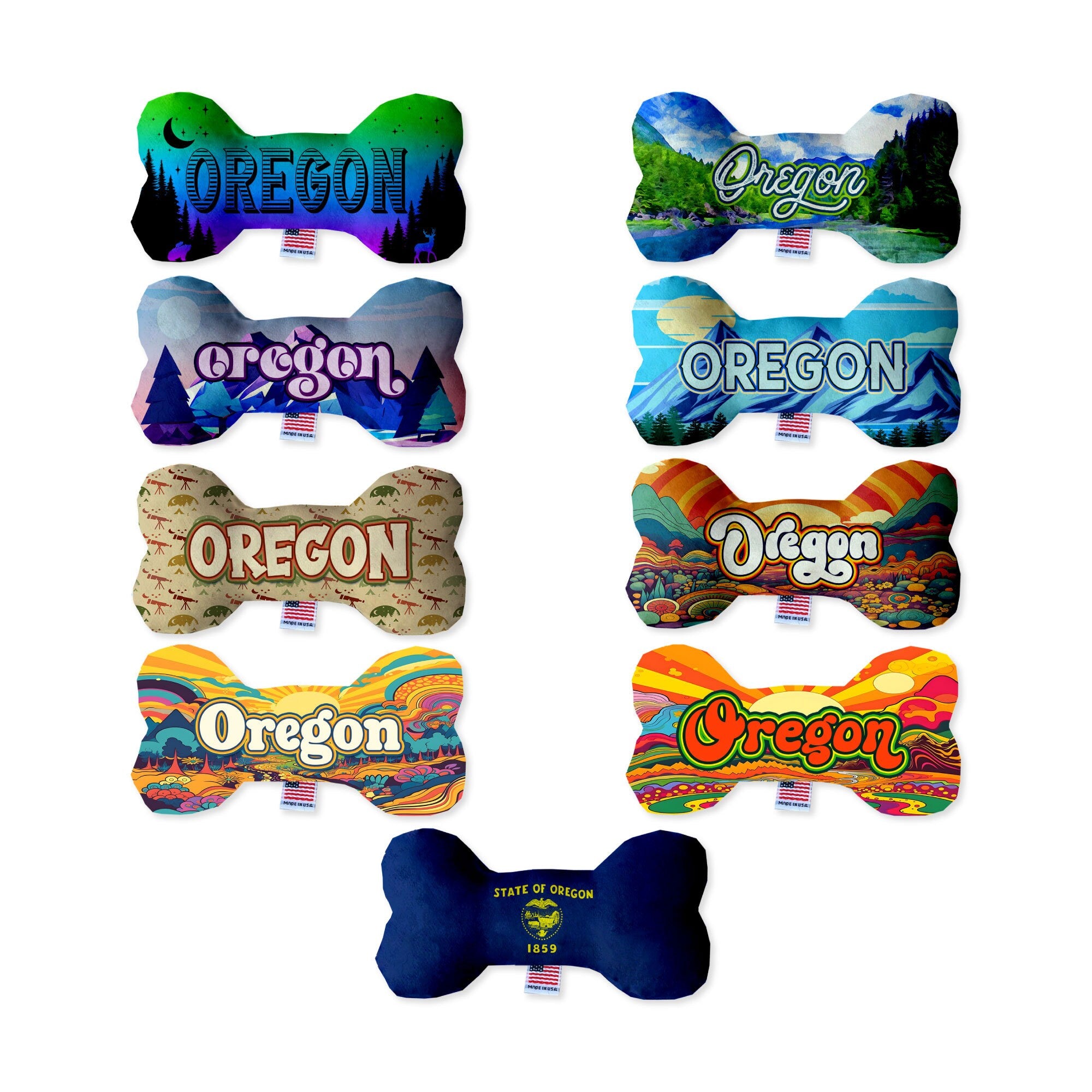 Oregon Mountains Plush Bone Toys for dogs, showcasing soft fabric and vibrant colors, perfect for playtime and cuddling.