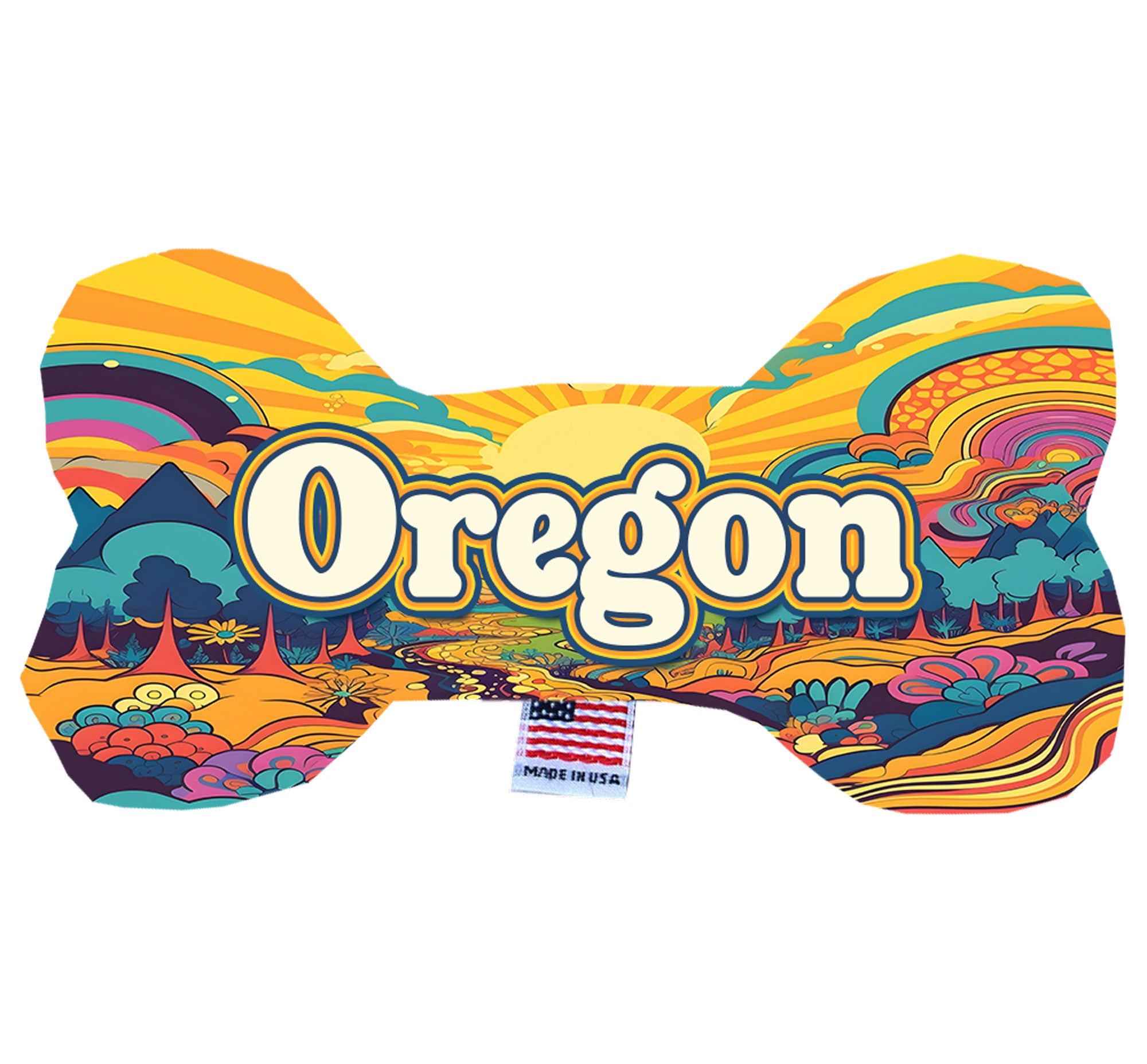 Oregon Mountains Plush Bone Toys for dogs, showcasing soft fabric and vibrant colors, perfect for playtime and cuddling.