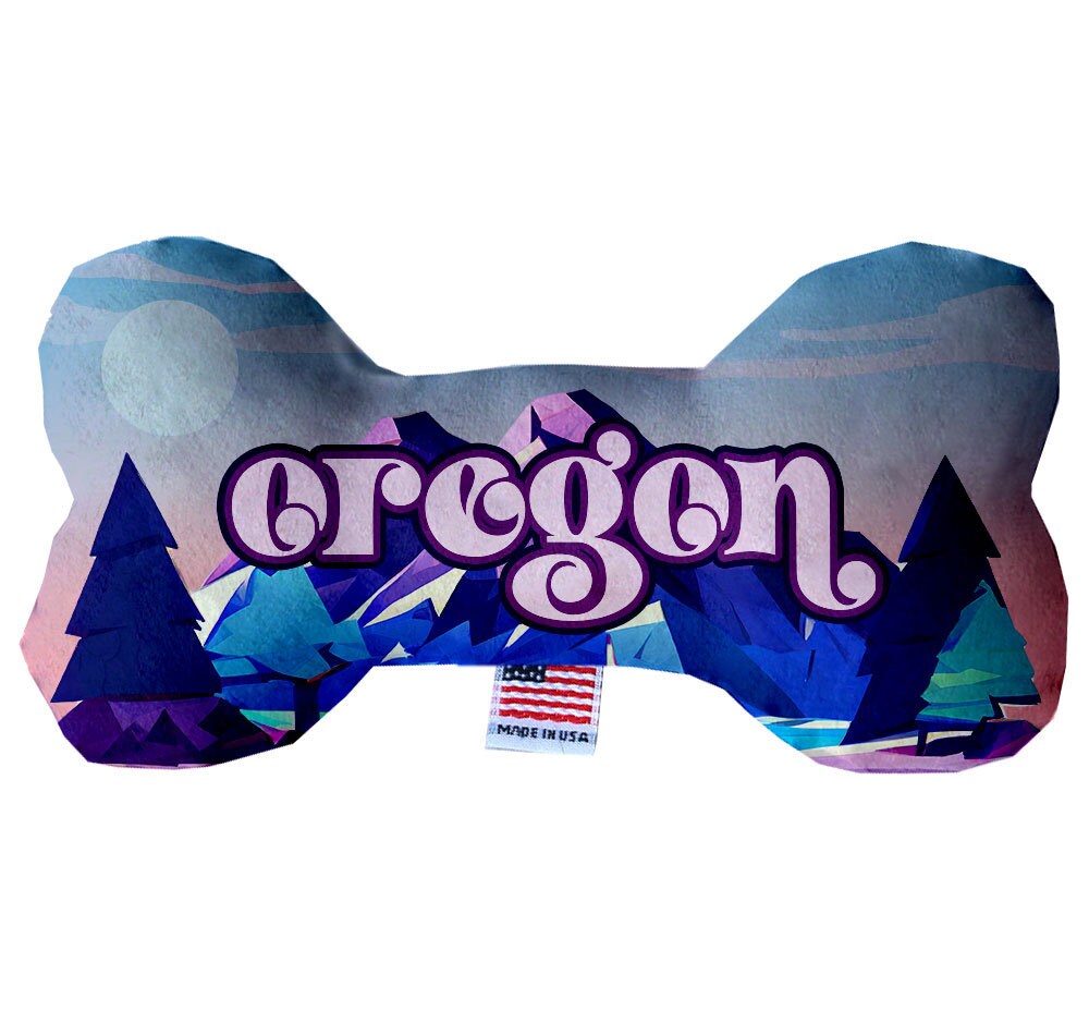 Oregon Mountains Plush Bone Toys for dogs, showcasing soft fabric and vibrant colors, perfect for playtime and cuddling.