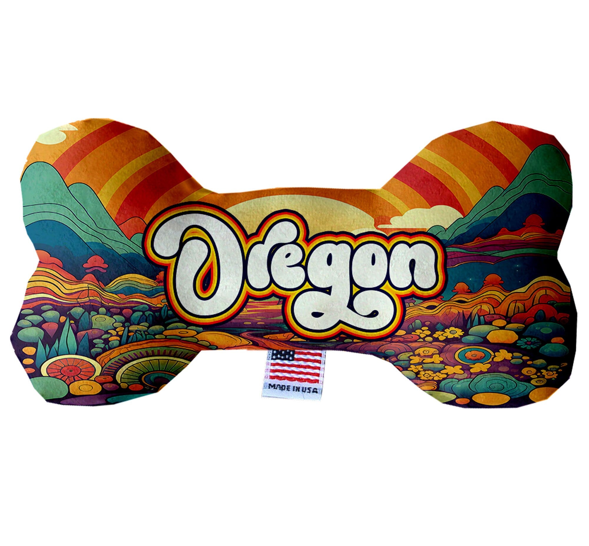 Oregon Mountains Plush Bone Toys for dogs, showcasing soft fabric and vibrant colors, perfect for playtime and cuddling.