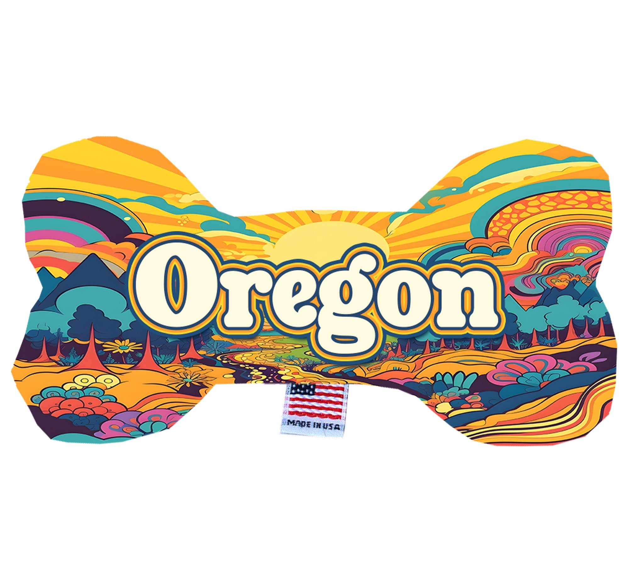 Oregon Mountains Plush Bone Toys for dogs, showcasing soft fabric and vibrant colors, perfect for playtime and cuddling.