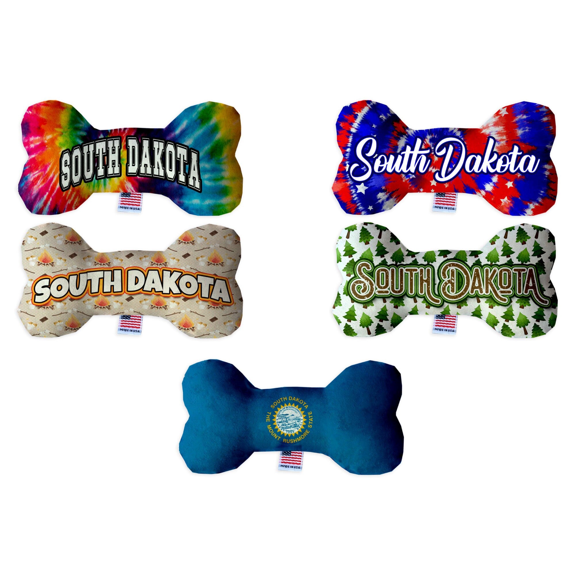 Handmade plush bone toys for dogs in various sizes and patterns, featuring soft, cuddly material and squeakers for interactive play.