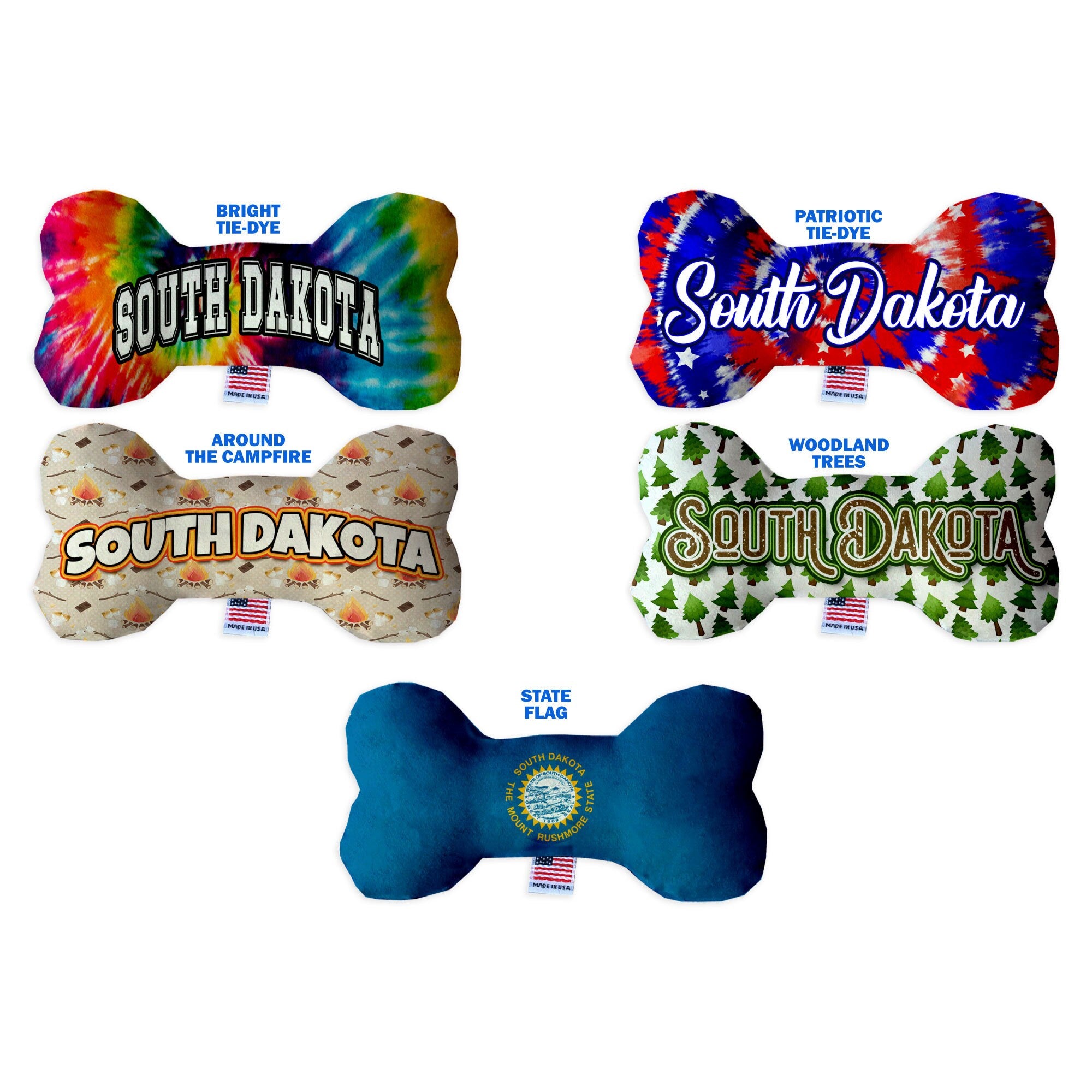 Handmade plush bone toys for dogs in various sizes and patterns, featuring soft, cuddly material and squeakers for interactive play.