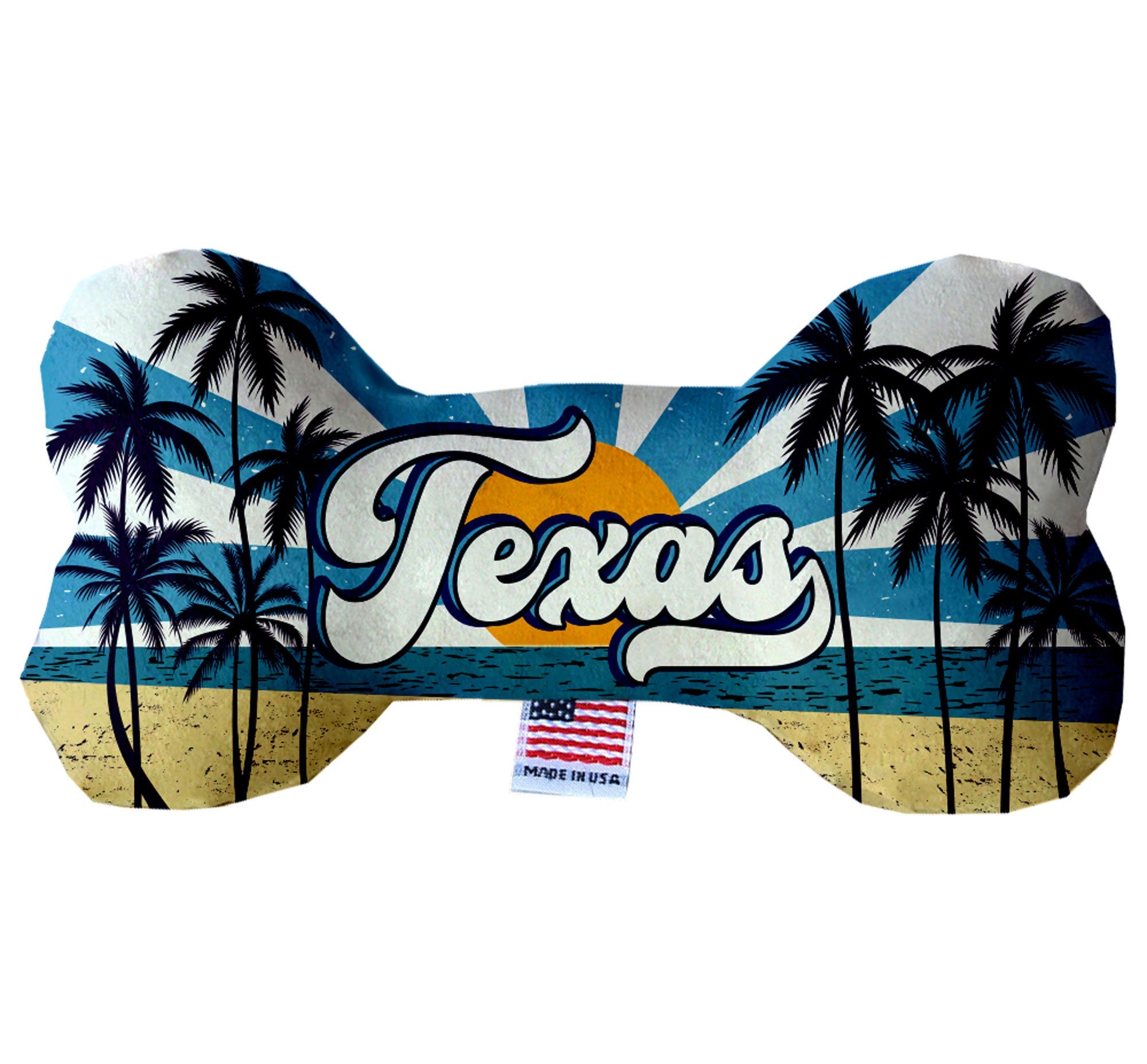 Texas Coast Plush Bone Toys set, featuring three sizes with vibrant patterns, perfect for dogs to play and cuddle.