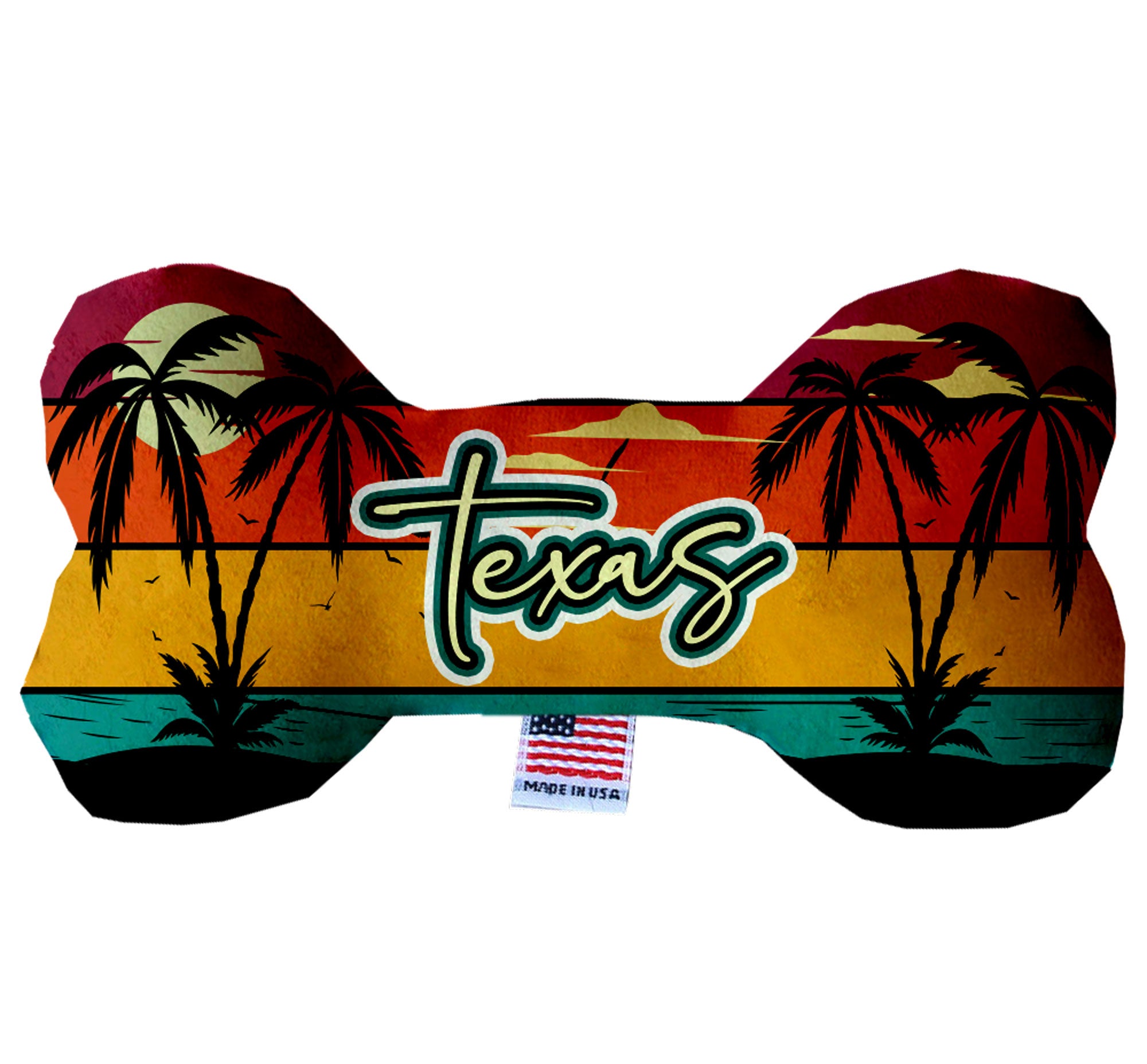 Texas Coast Plush Bone Toys set, featuring three sizes with vibrant patterns, perfect for dogs to play and cuddle.