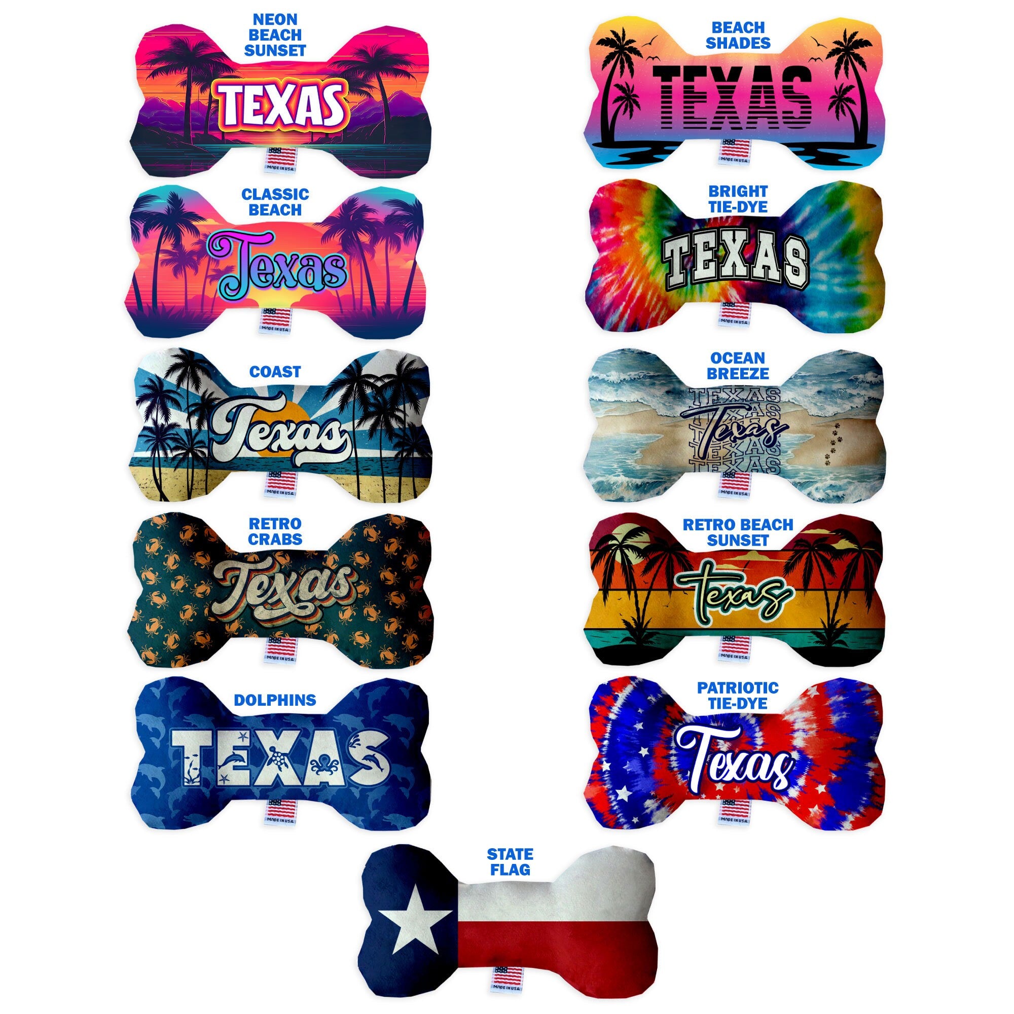 Texas Coast Plush Bone Toys set, featuring three sizes with vibrant patterns, perfect for dogs to play and cuddle.