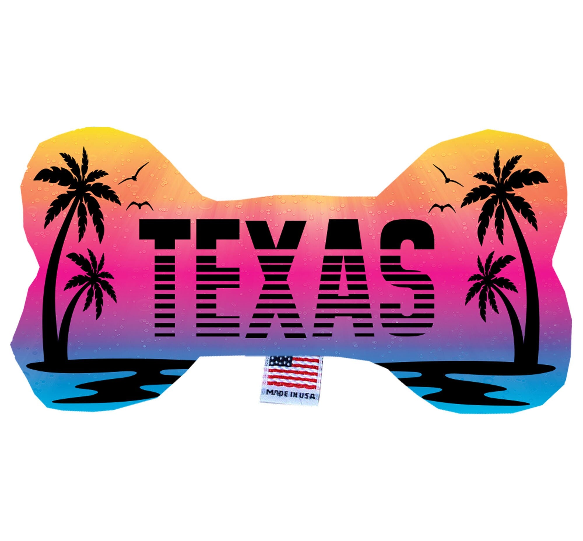 Texas Coast Plush Bone Toys set, featuring three sizes with vibrant patterns, perfect for dogs to play and cuddle.