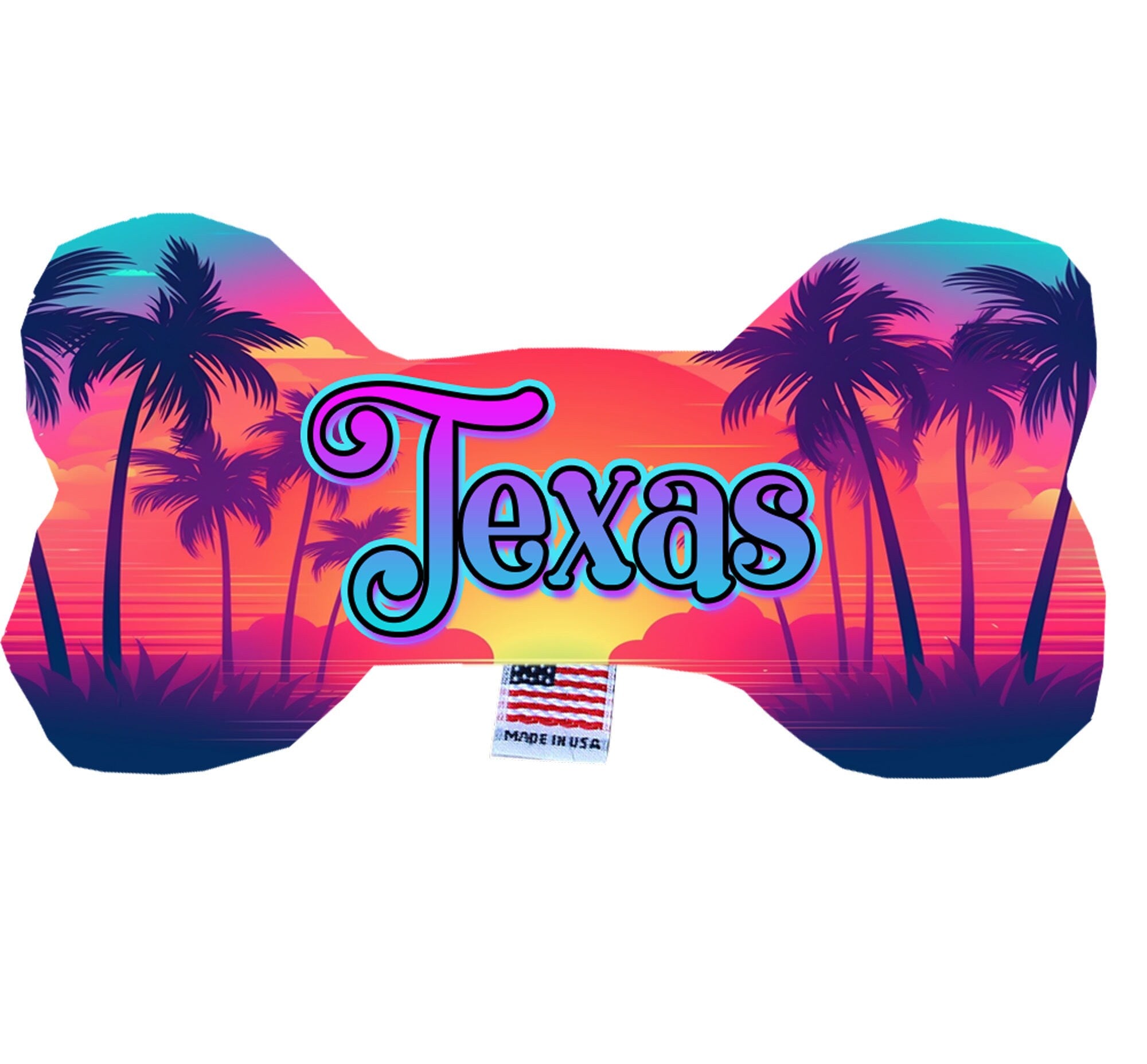 Texas Coast Plush Bone Toys set, featuring three sizes with vibrant patterns, perfect for dogs to play and cuddle.