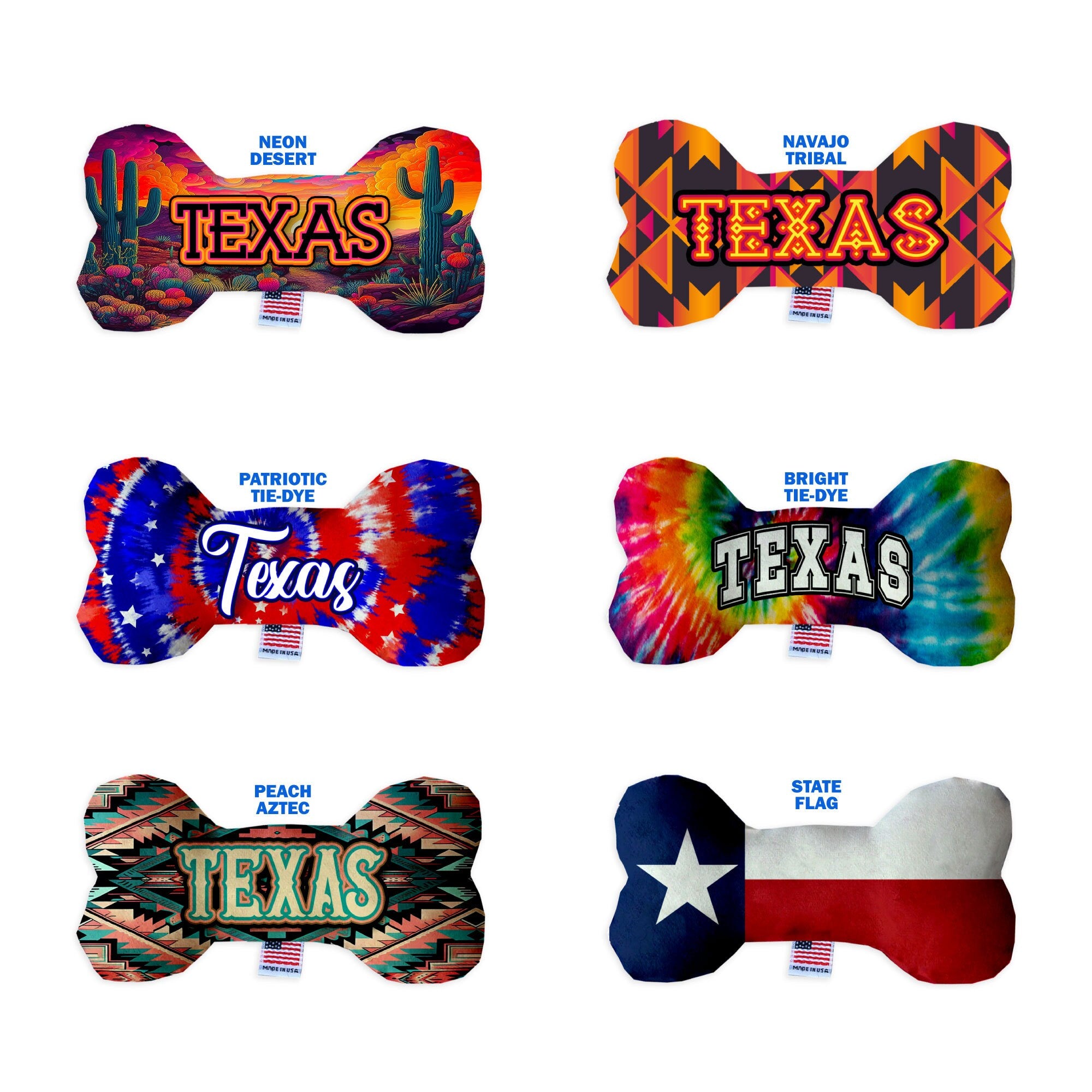 A set of three plush bone toys designed for dogs, featuring a Texas Desert theme with vibrant colors and soft textures.