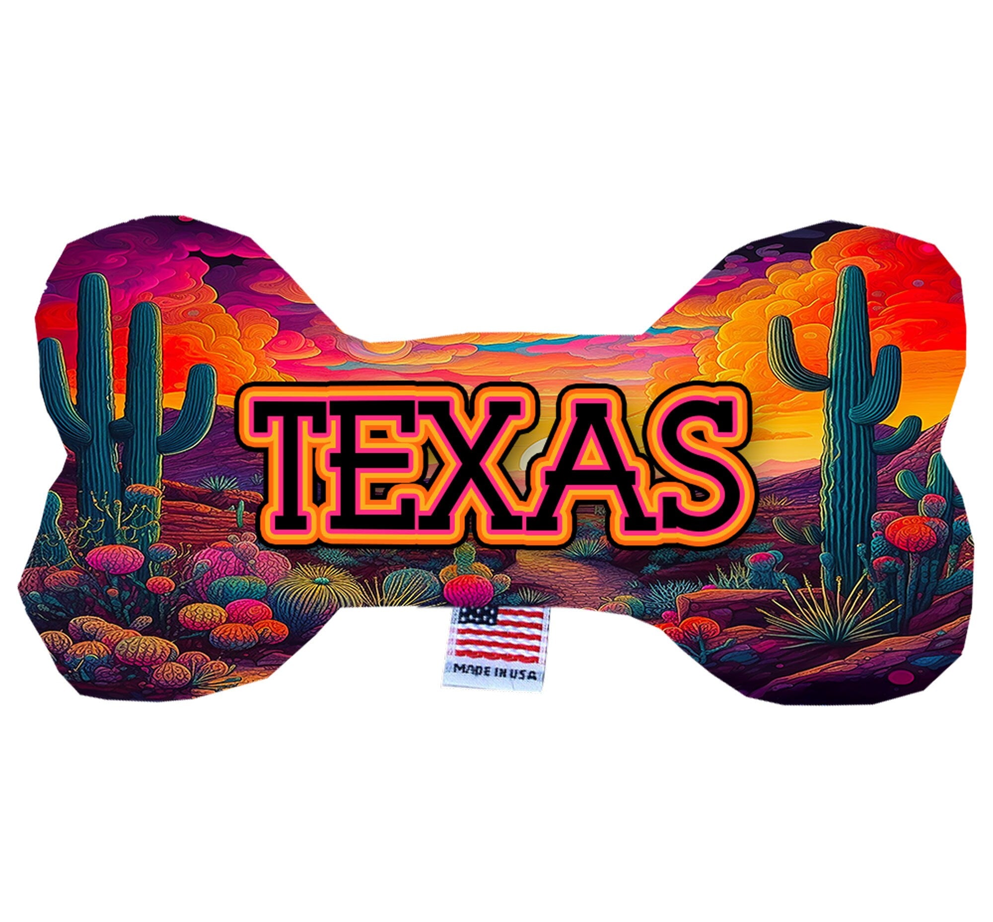 A set of three plush bone toys designed for dogs, featuring a Texas Desert theme with vibrant colors and soft textures.