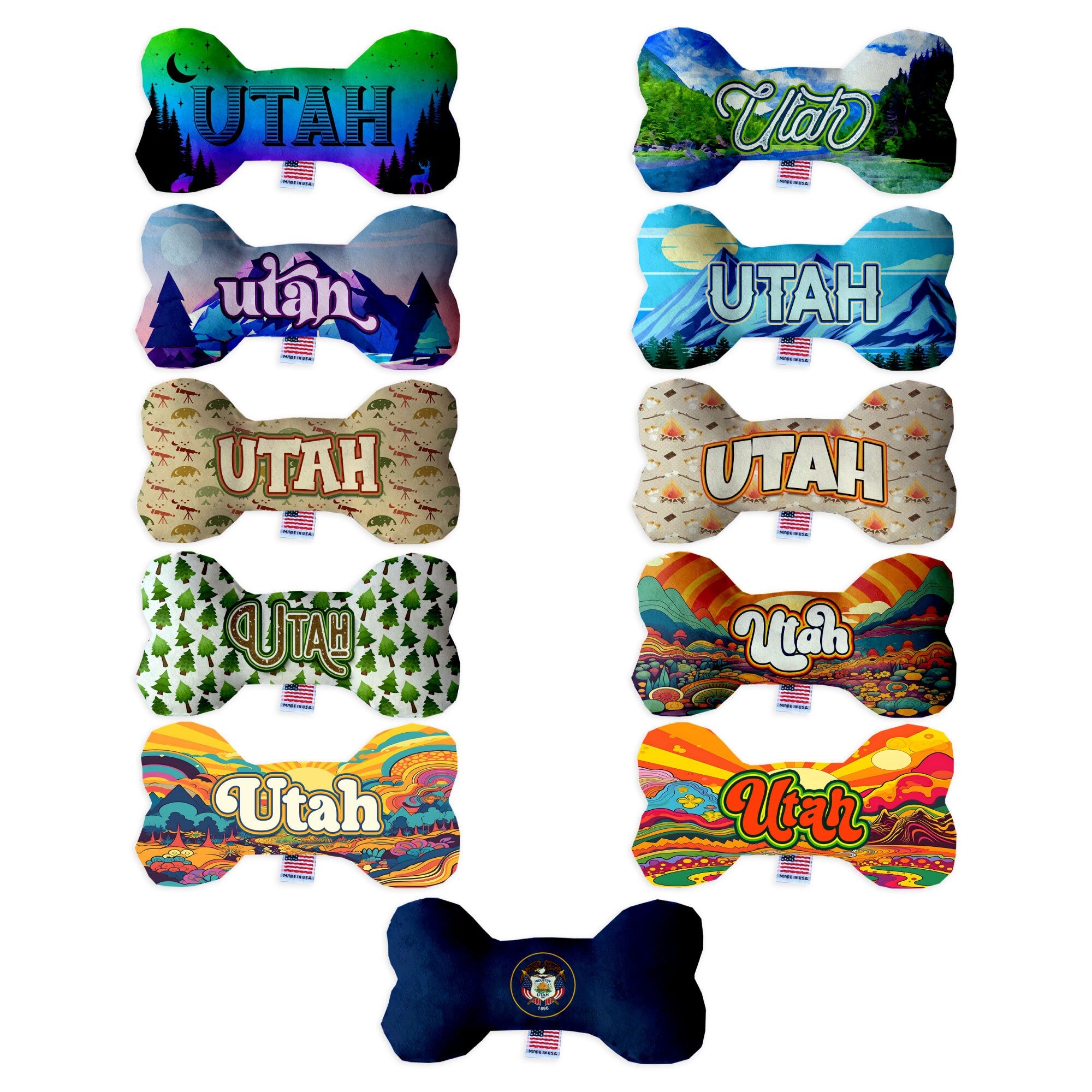 Handmade plush bone toy featuring the Utah Mountains design, perfect for dogs, available in multiple sizes and squeaker options.