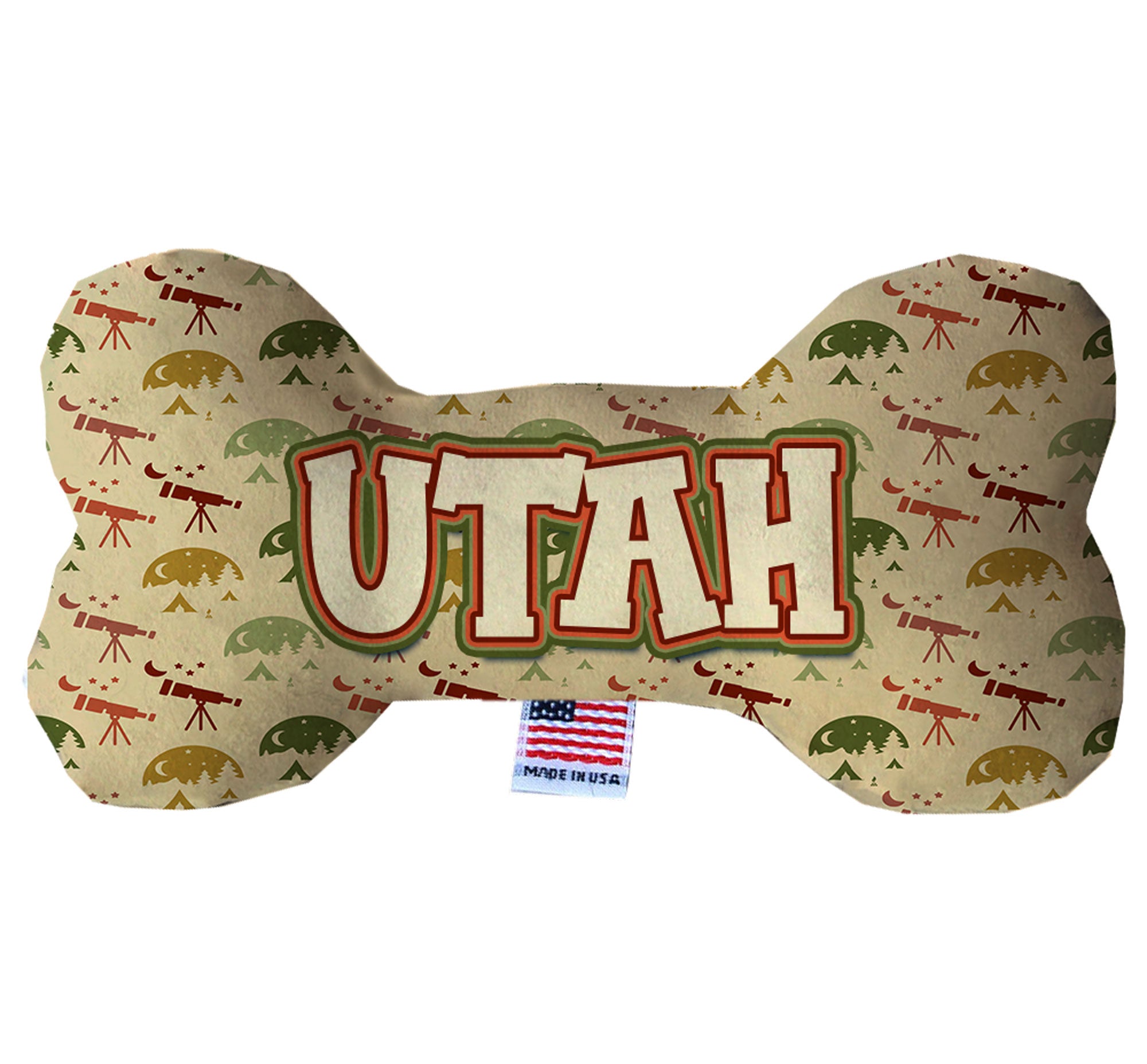 Handmade plush bone toy featuring the Utah Mountains design, perfect for dogs, available in multiple sizes and squeaker options.