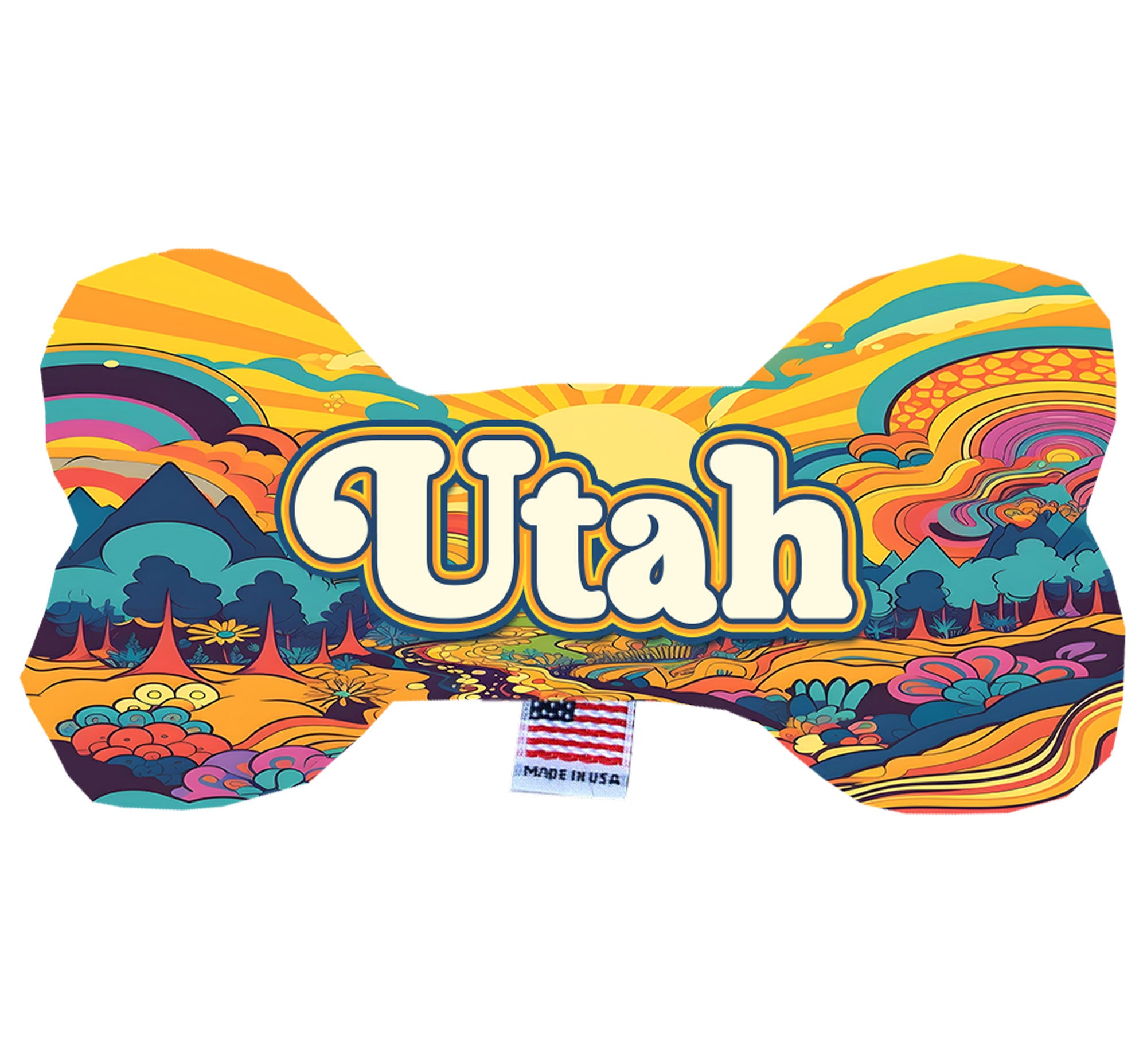 Handmade plush bone toy featuring the Utah Mountains design, perfect for dogs, available in multiple sizes and squeaker options.
