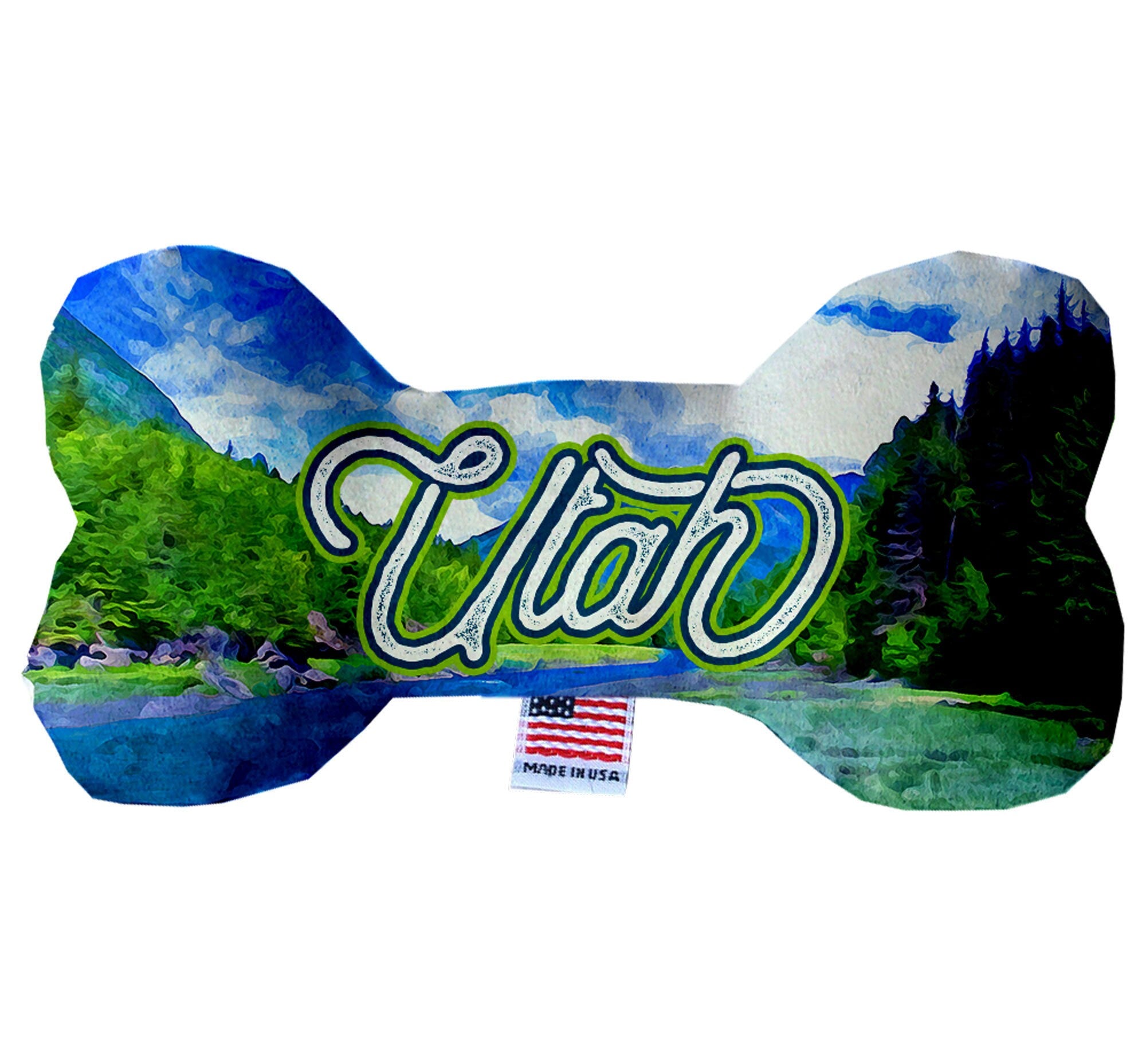Handmade plush bone toy featuring the Utah Mountains design, perfect for dogs, available in multiple sizes and squeaker options.