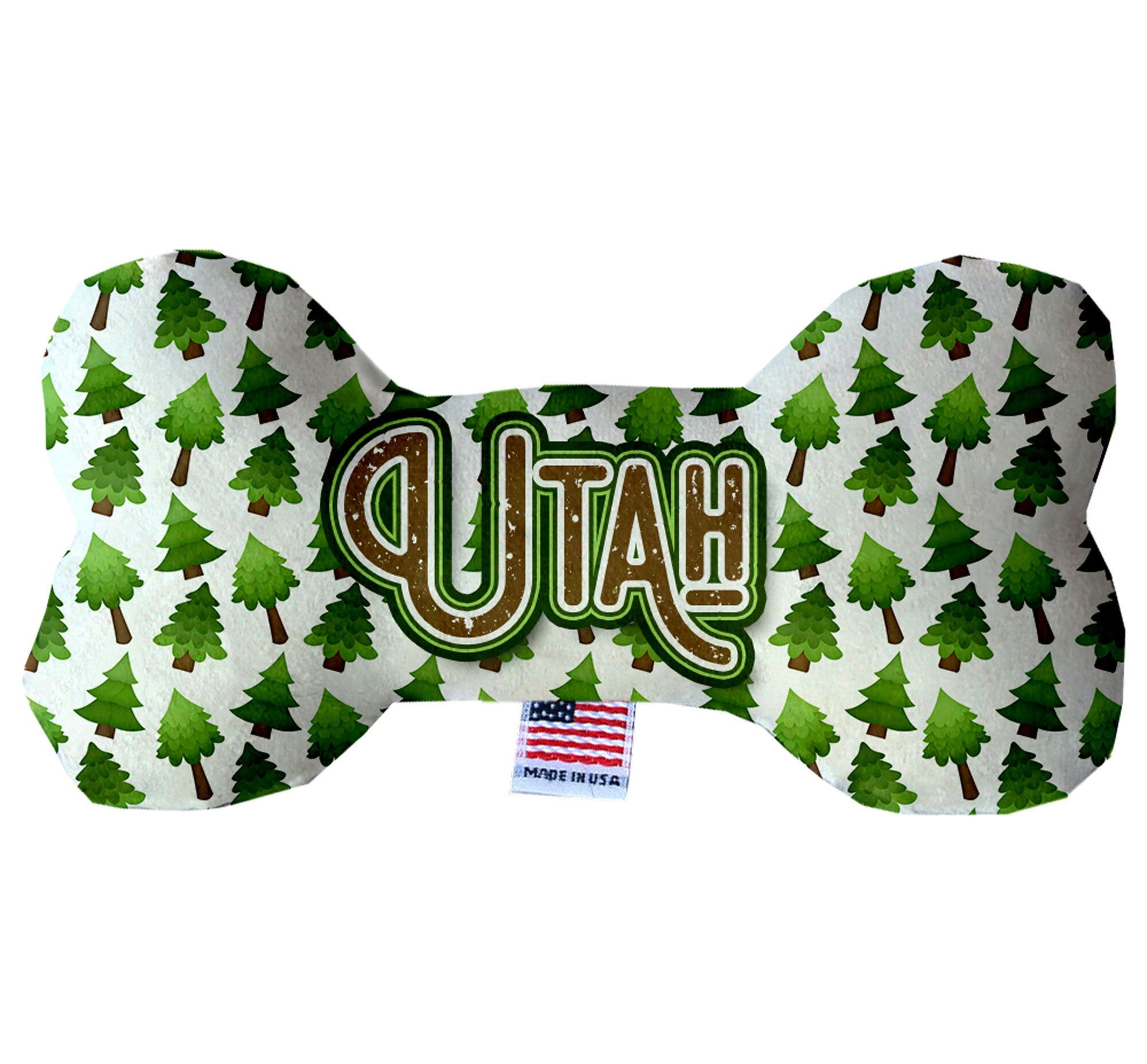 Handmade plush bone toy featuring the Utah Mountains design, perfect for dogs, available in multiple sizes and squeaker options.