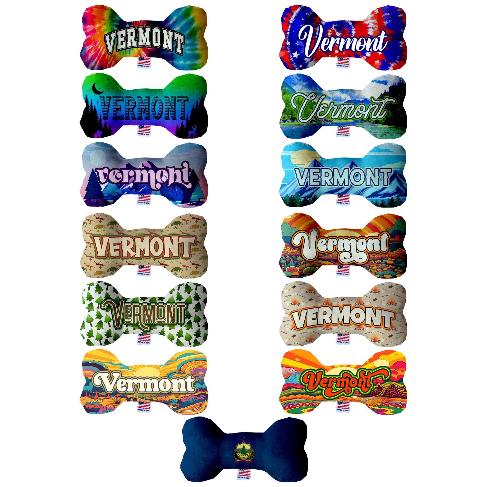 A collection of Vermont State themed plush bone toys for dogs, showcasing various sizes and patterns, made from soft and safe materials.