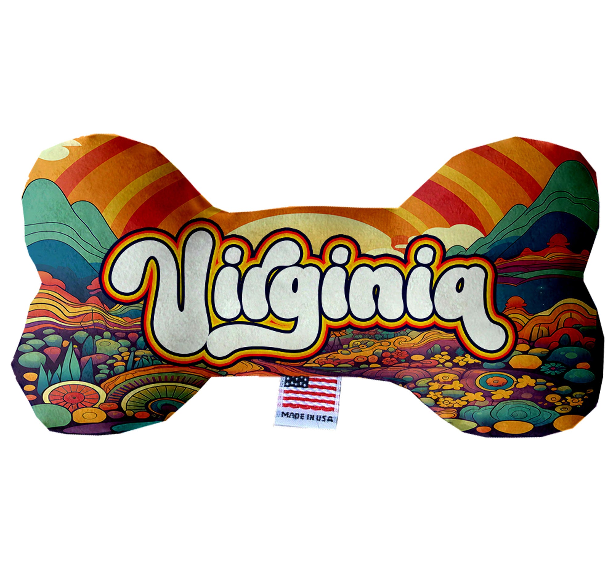 A set of handmade plush bone toys for dogs, featuring soft fabric and vibrant Virginia Mountains patterns, available in three sizes.