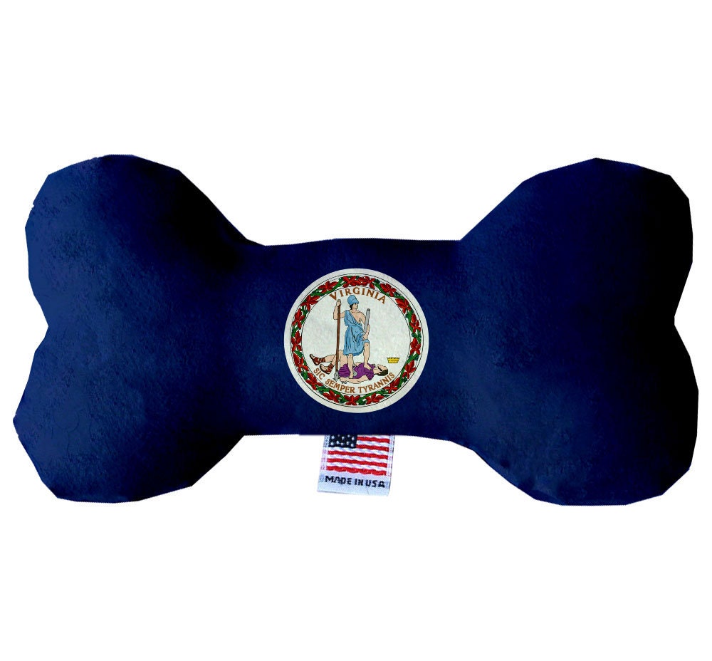 A set of handmade plush bone toys for dogs, featuring soft fabric and vibrant Virginia Mountains patterns, available in three sizes.