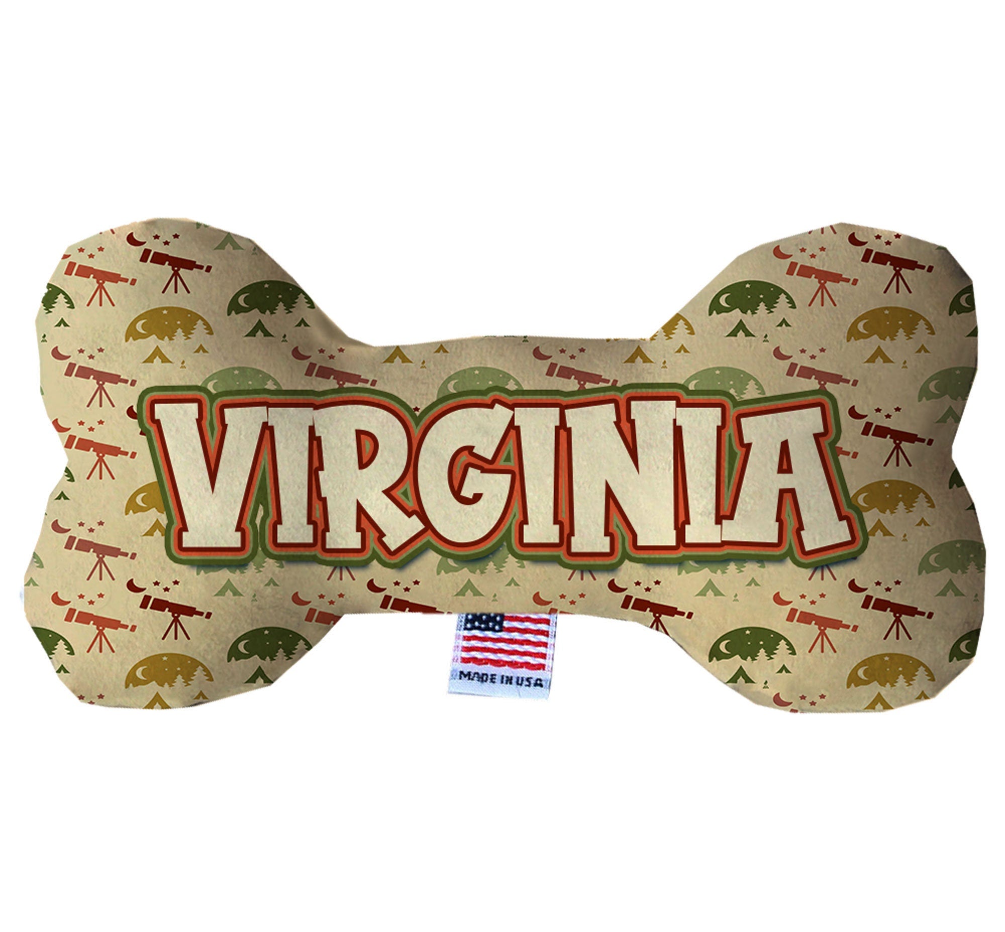 A set of handmade plush bone toys for dogs, featuring soft fabric and vibrant Virginia Mountains patterns, available in three sizes.