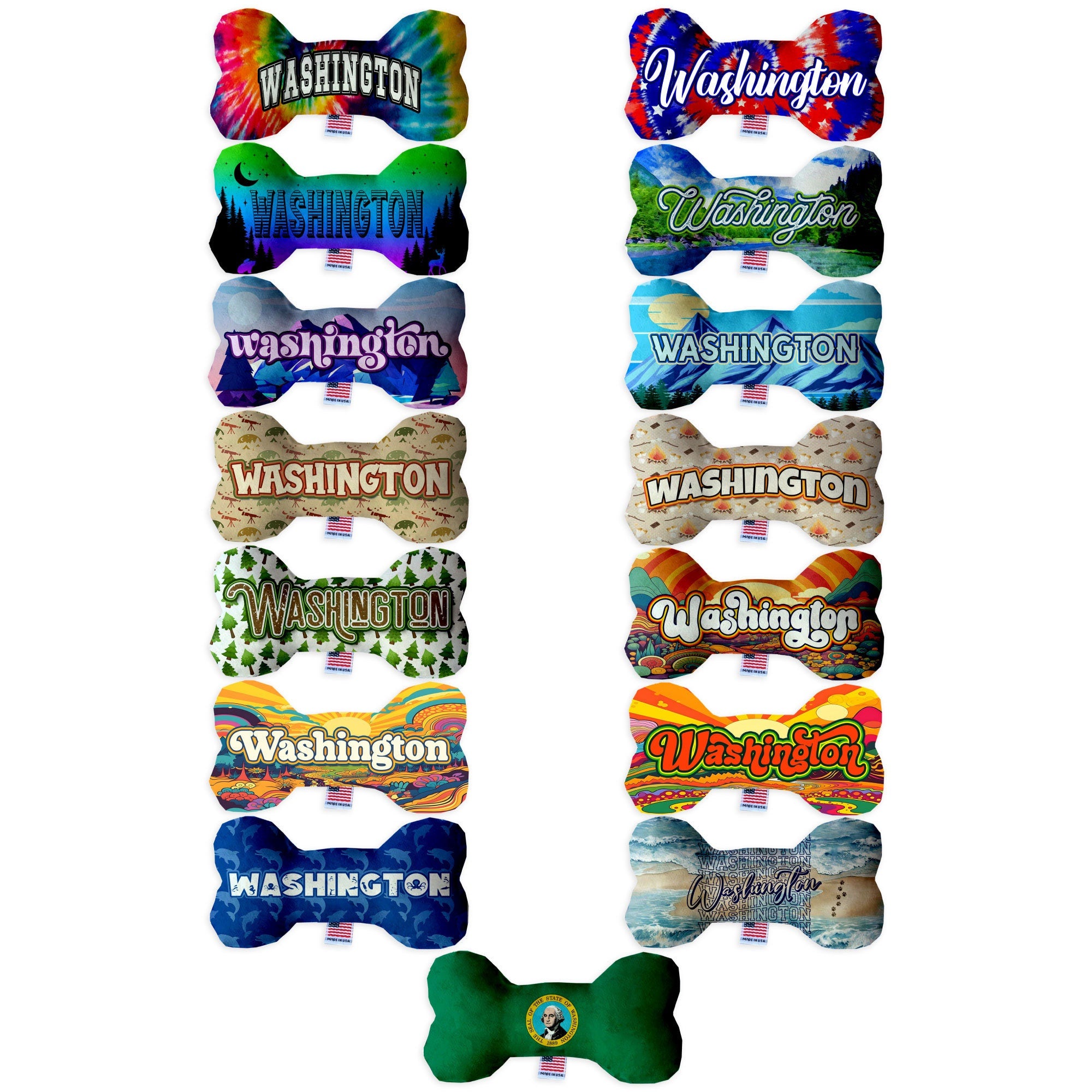 A collection of colorful plush bone toys for dogs, showcasing various patterns and sizes, perfect for playtime and cuddling.